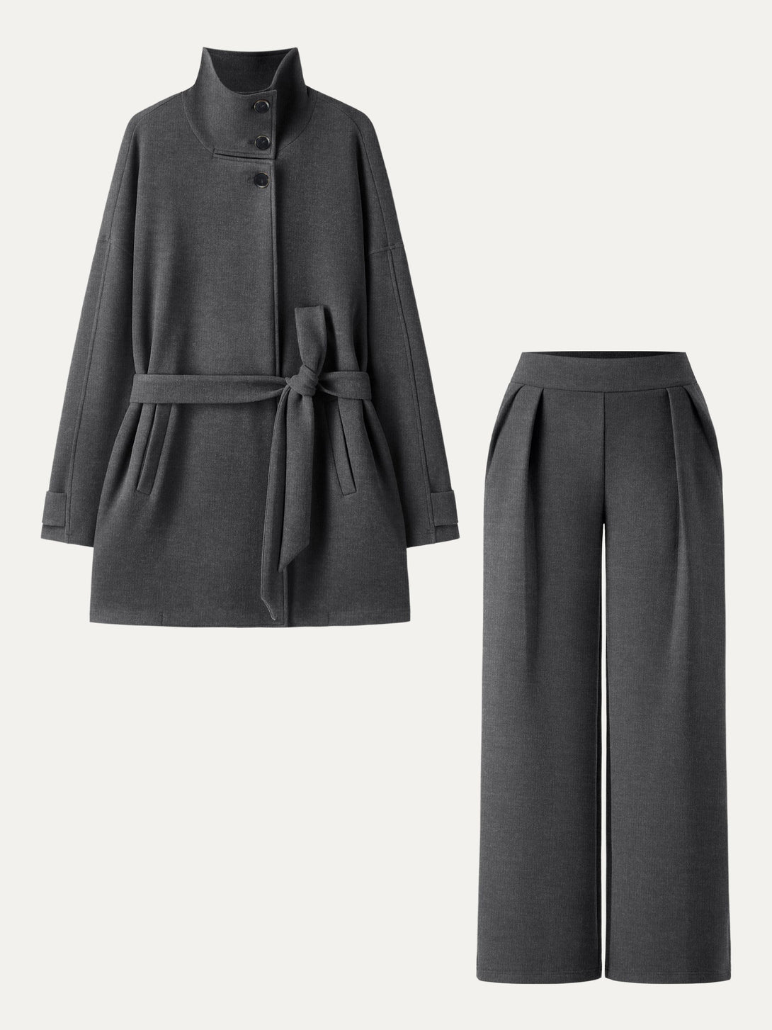 2Pcs Set Stand Collar Belted Coat & Mid Rise Straight Pull-on Pants with Pockets Heather Black XS