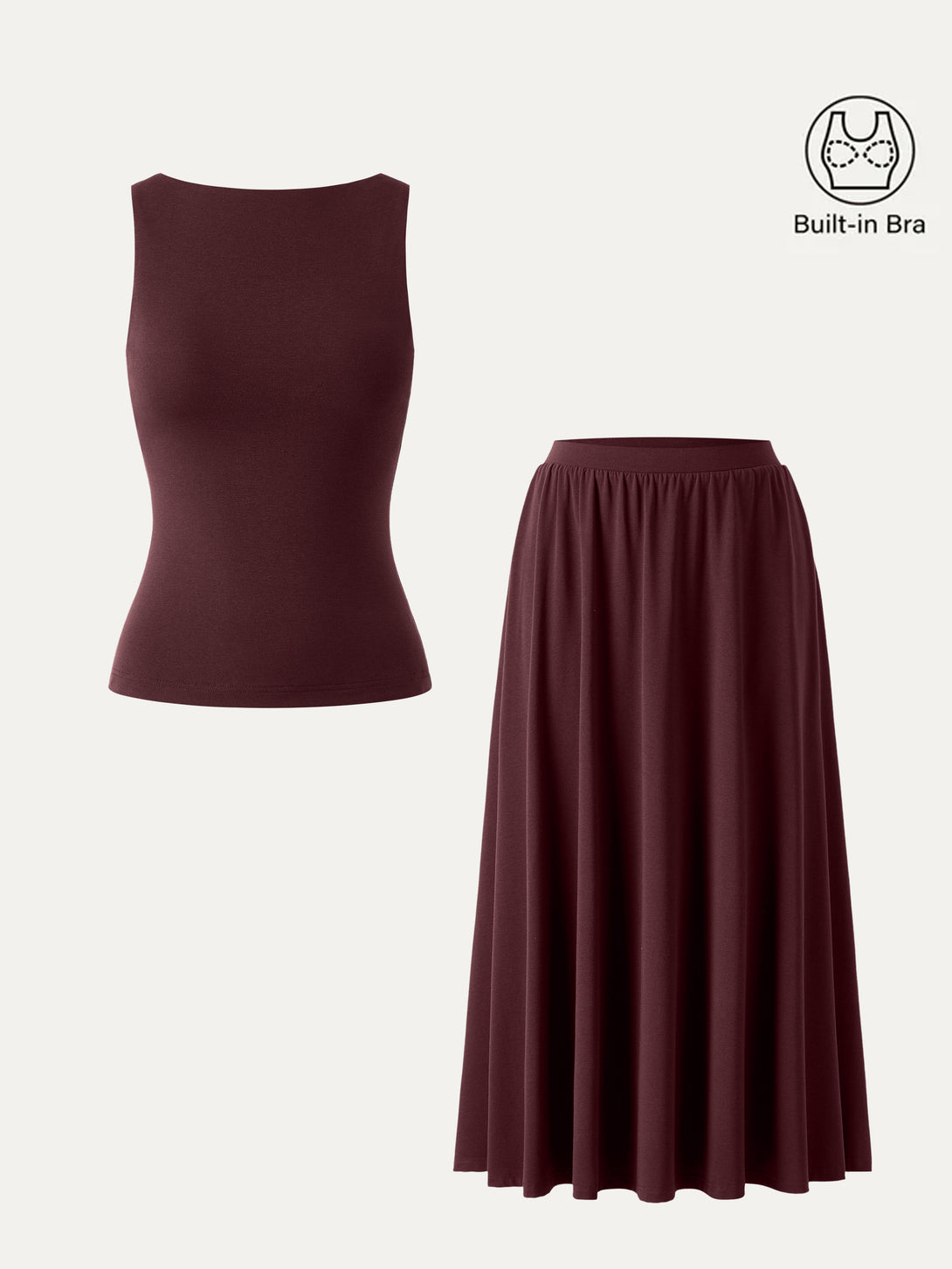 2Pcs Set Stretch Cotton Boatneck Brami Tank & Maxi Umbrella Skirt with Pockets Ruby Red XS