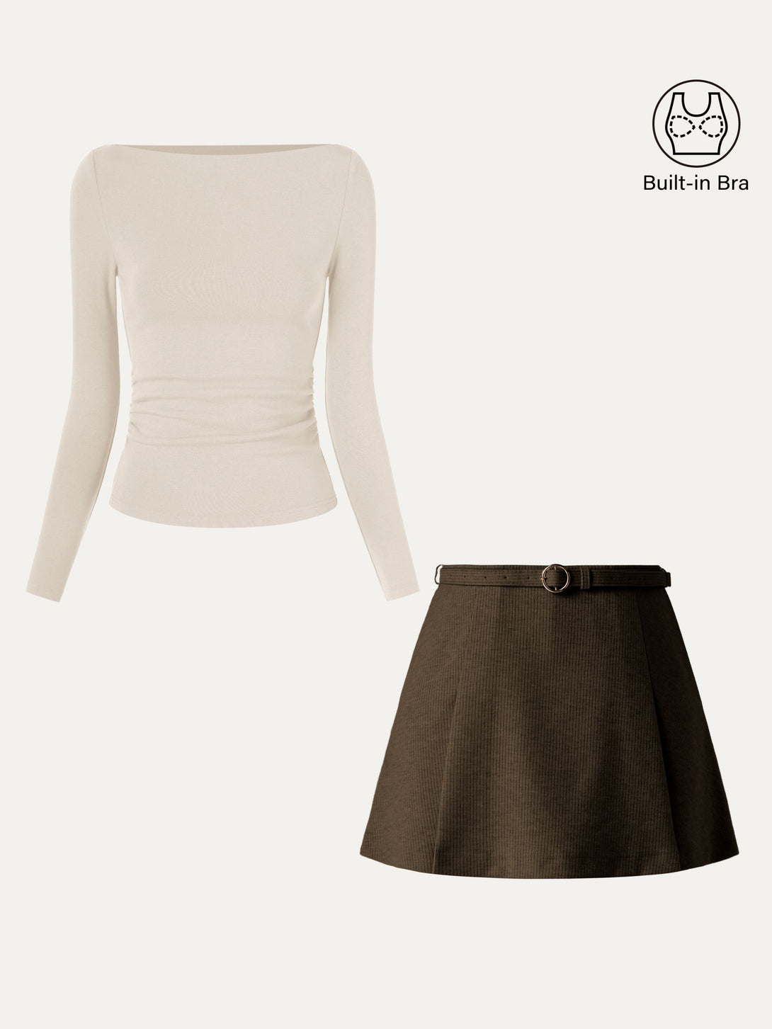 2Pcs Set Side Ruched Boatneck Brami Top & Belted Mini Skirt With Shorts Morning Mist/Oliver Coffee XS