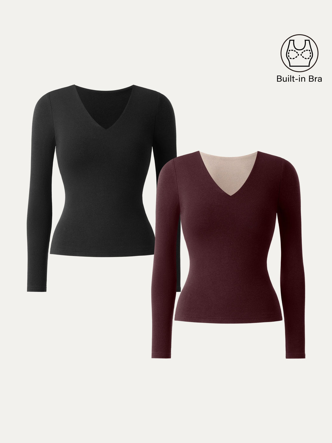 2Pcs Set Stretch Cotton V-Neck Long Sleeve Brami Top Black/Ruby XS