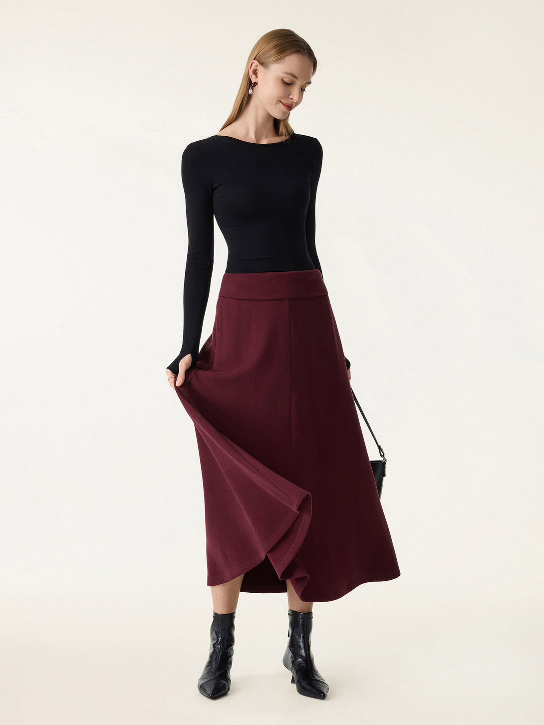 2Pcs Set Mockneck Batwing Sleeve Brami & Midi Pull-on A-Line Skirt with Pockets