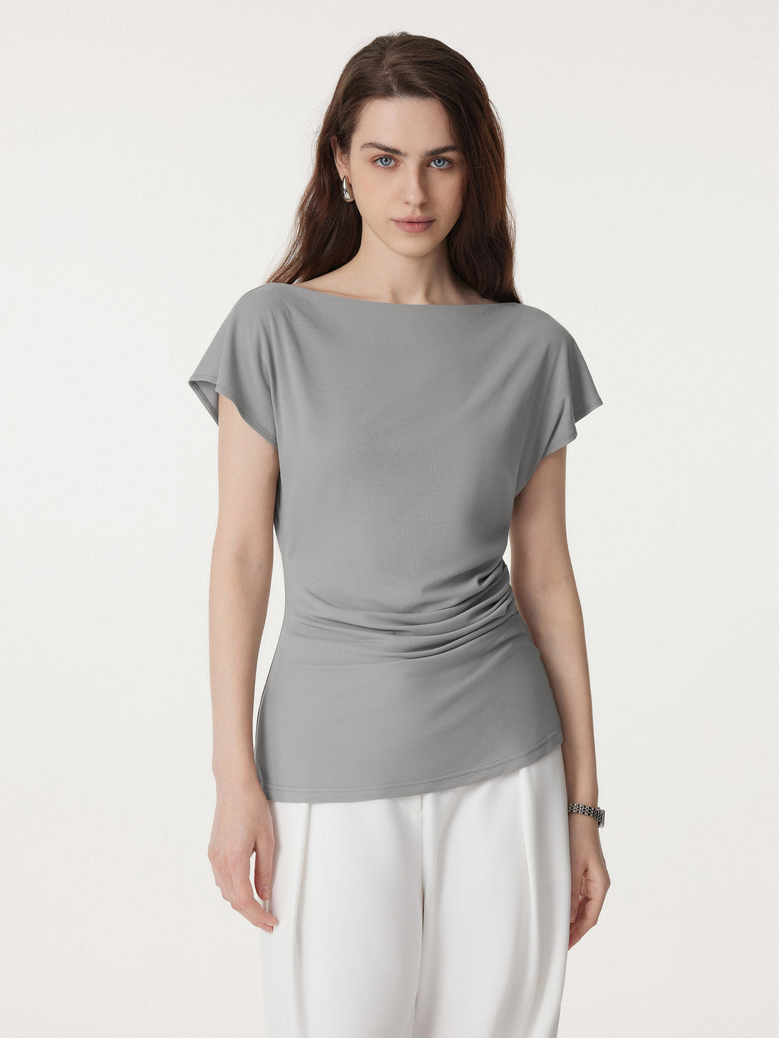 Boatneck Flutter Sleeve Side Tucked Long Tee