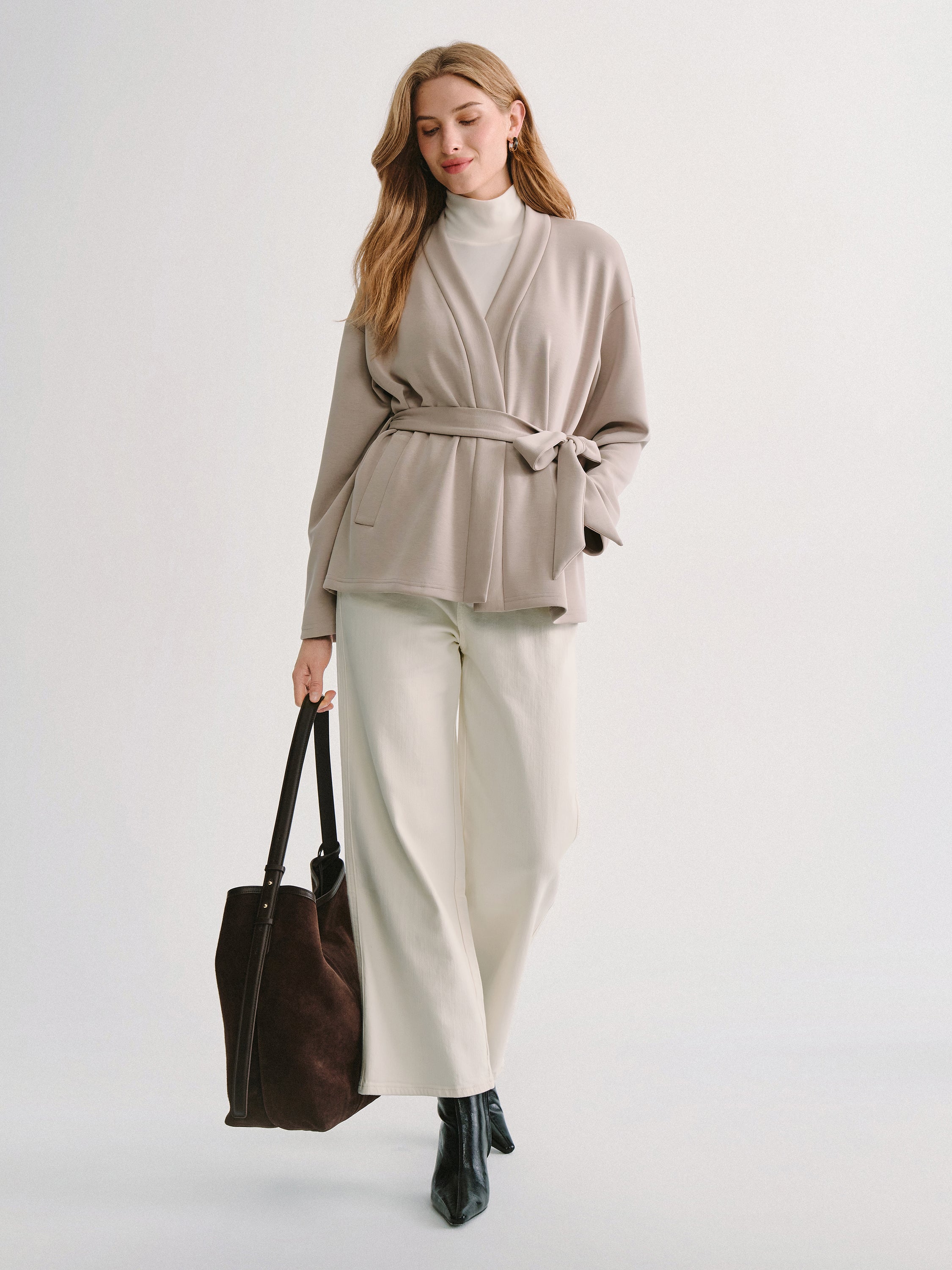 OGL Modal Stretch Fleece Crossover Belted Wrap Cardigan Coat with