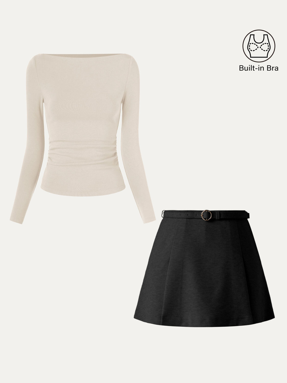 2Pcs Set Side Ruched Boatneck Brami Top & Belted Mini Skirt With Shorts Black/Morning Mist XS