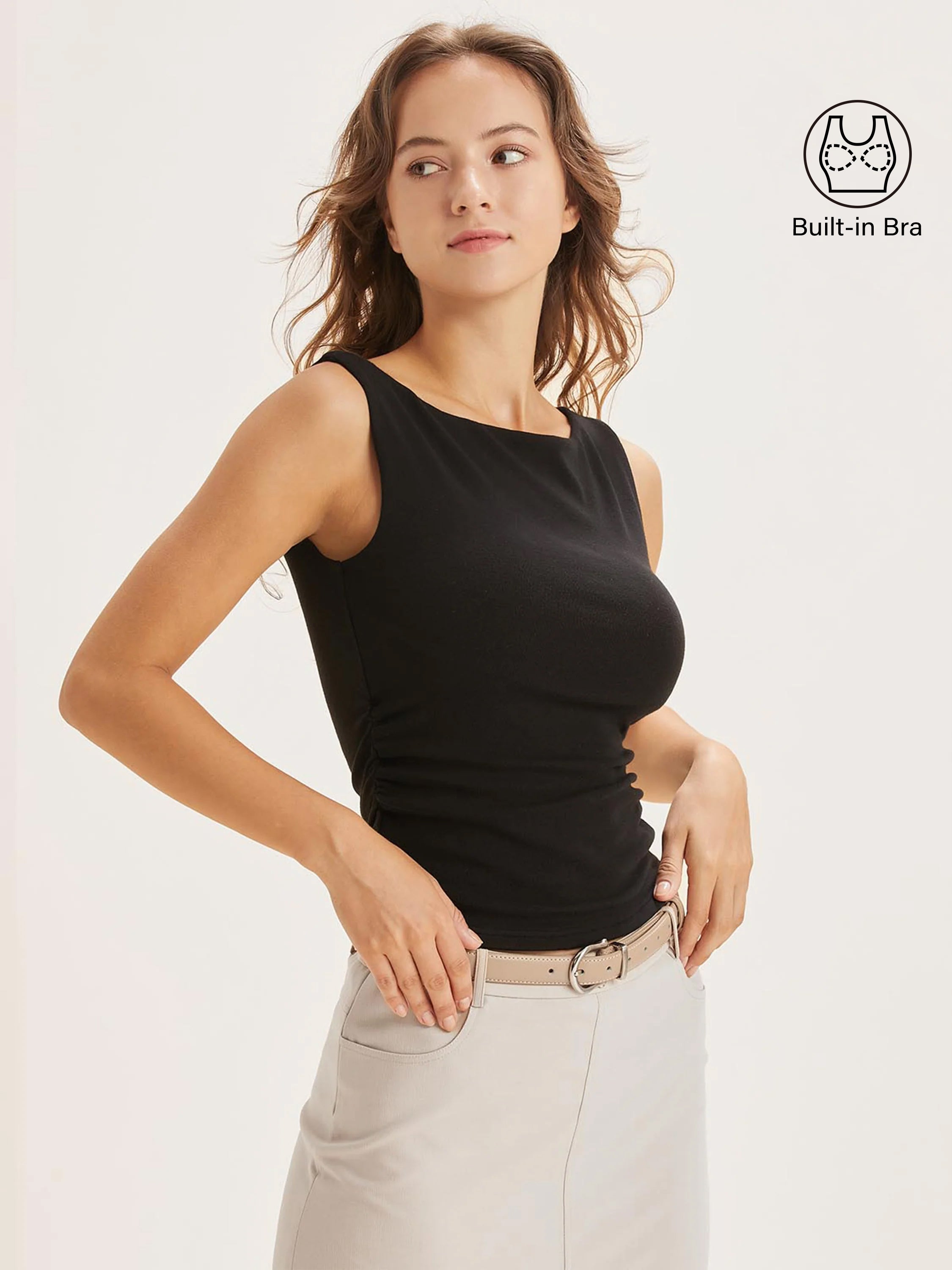 トップス draw drawers boat neck tanktop Built In Bra Ruched Boatneck Top – OGLmove