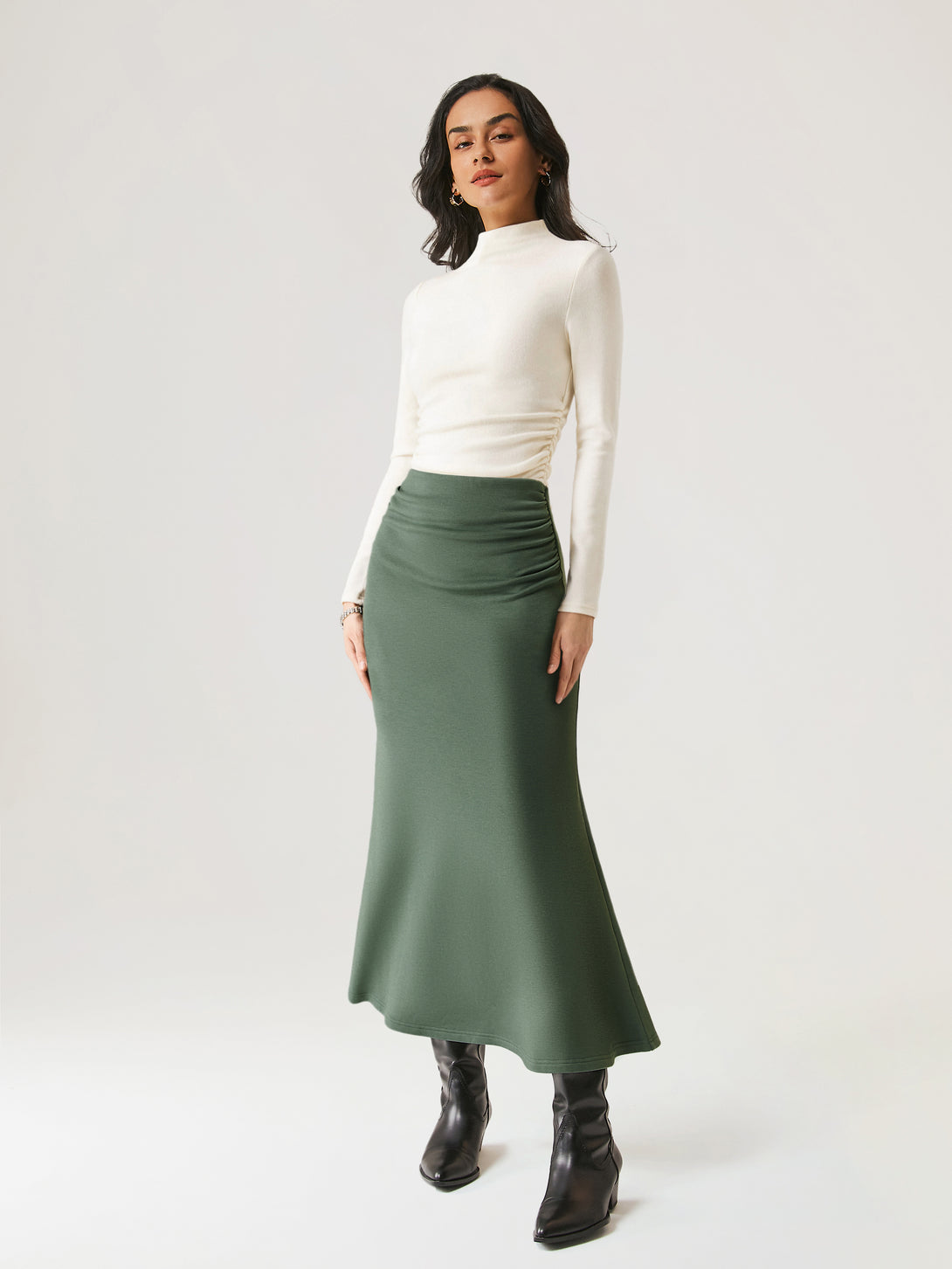 2Pcs Set Ruched Sides Mockneck Top & Mermaid Maxi Skirt Off White/Moss XS