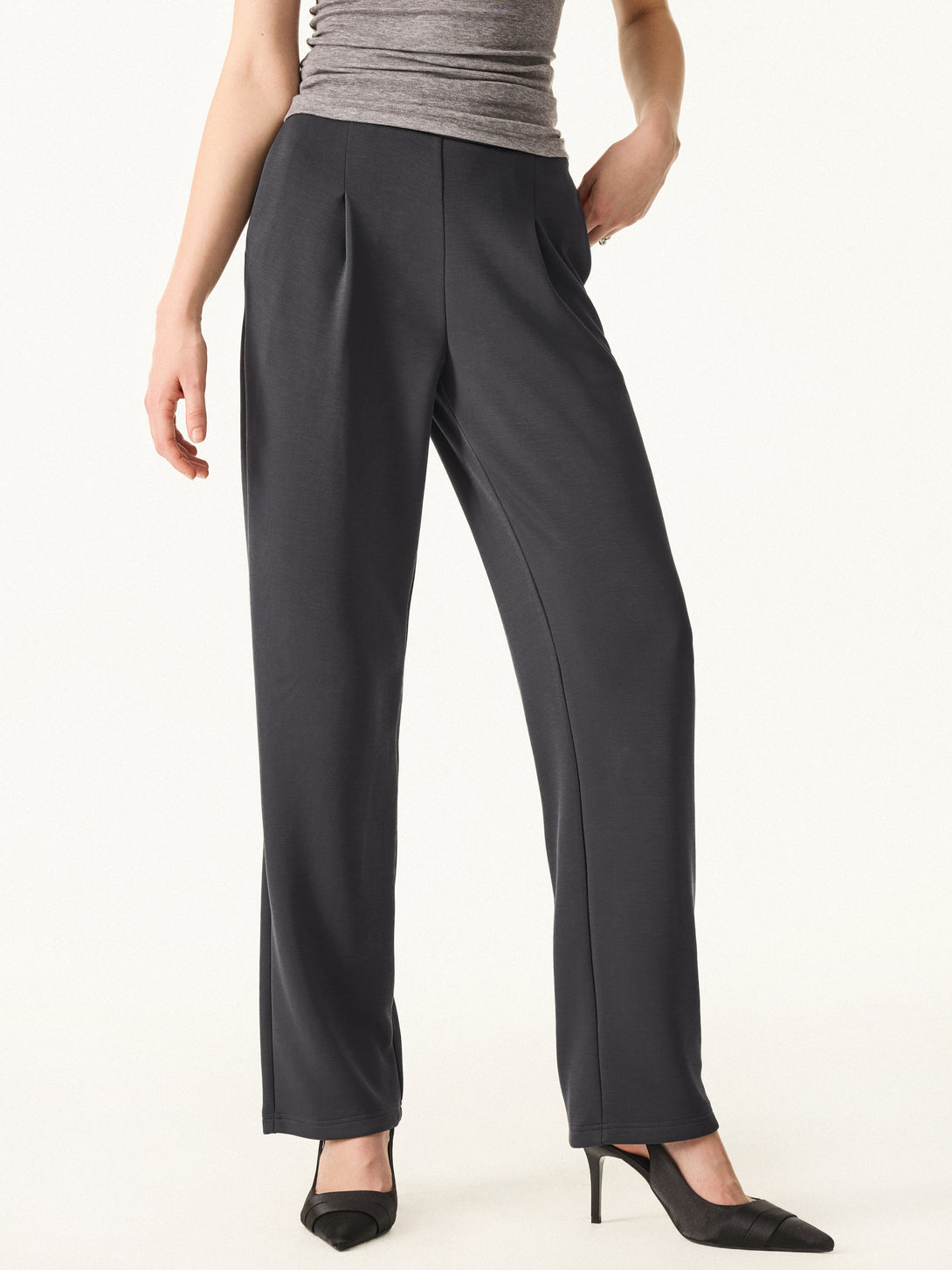 2Pcs Set Crewneck 3/4 Sleeve Top & Mid Rise Straight Leg Pull-on Trousers with Pockets