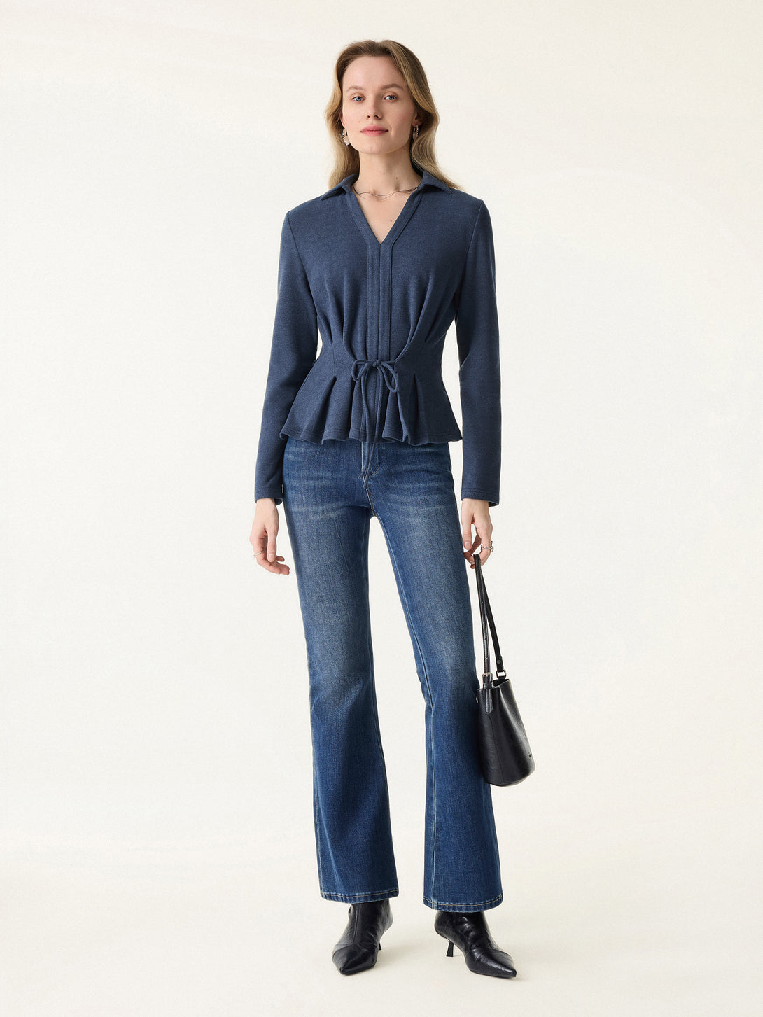 Polo Neck Drawstring Tie Long Sleeve Top