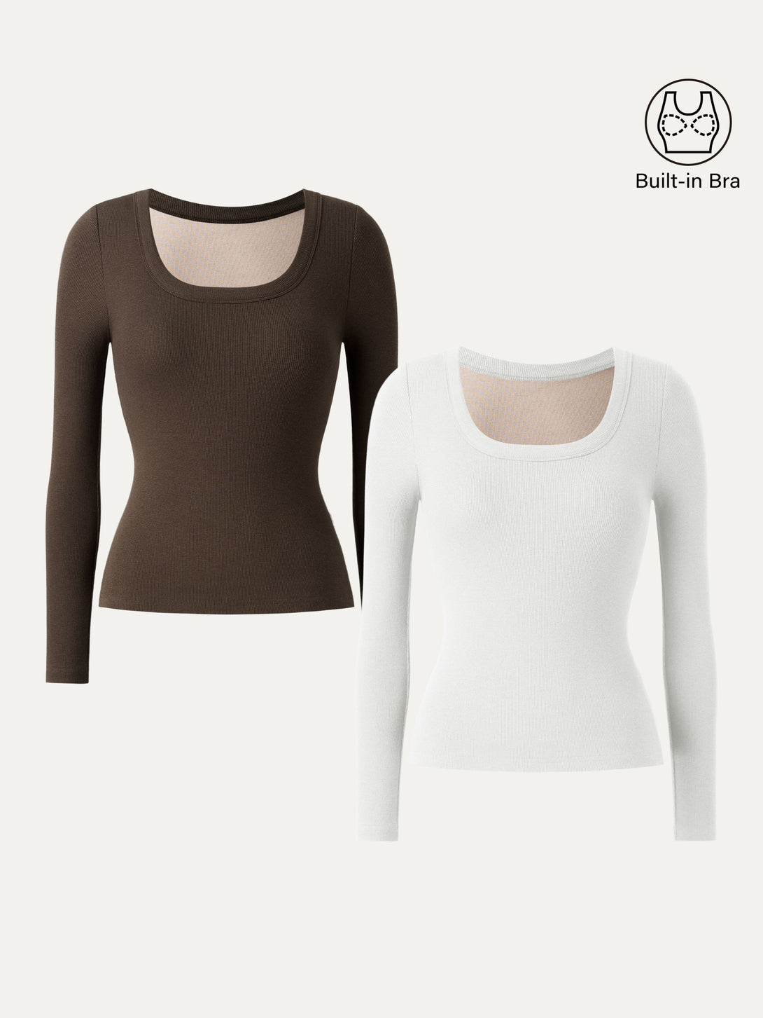 Essential Round Neck Ribbed Long Sleeve Brami White/Cedar Brown XS