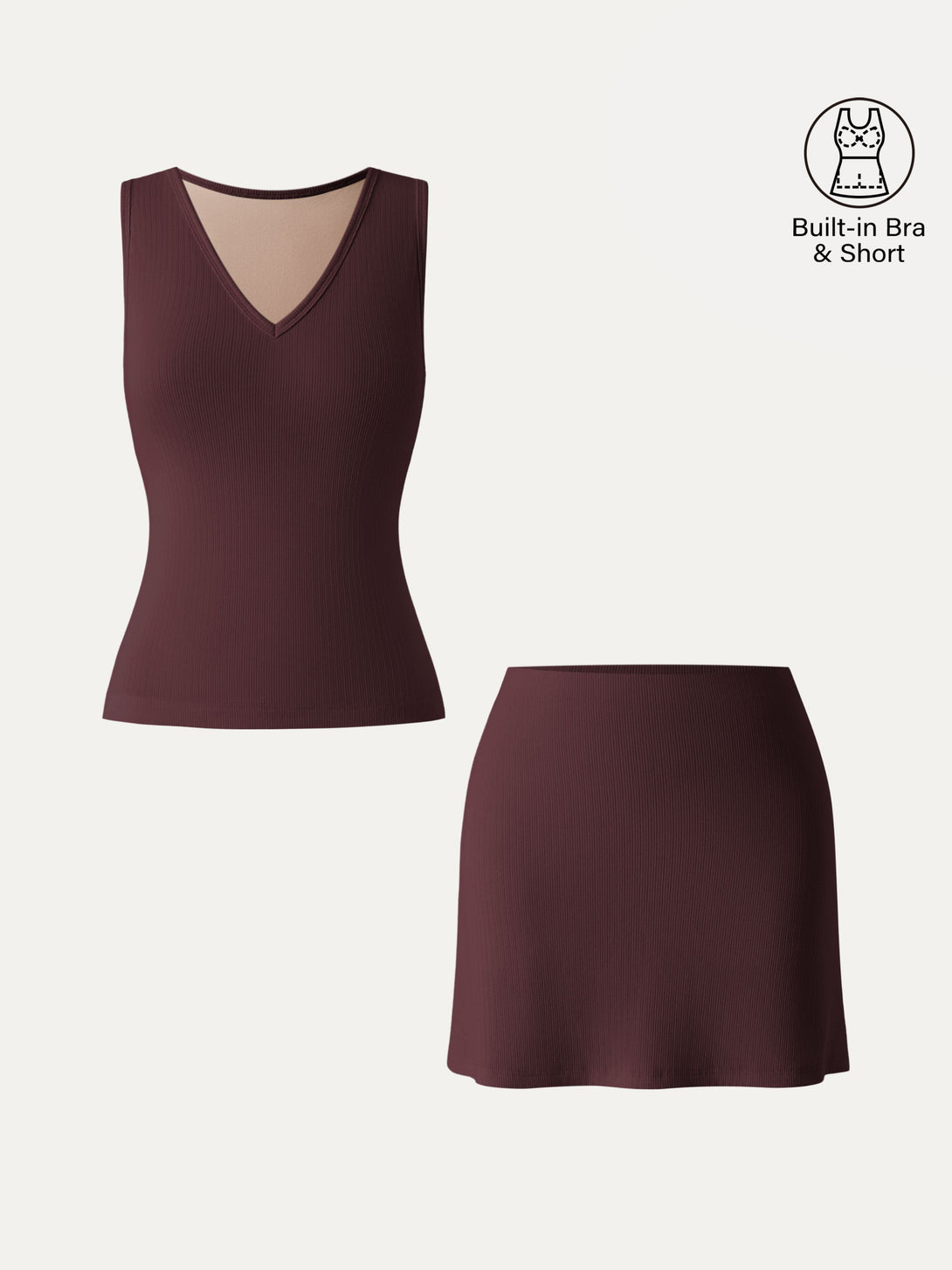 2Pcs Set V-neck Sleeveless Brami Tank & A-line Mini Skirt with Built-in Shorts