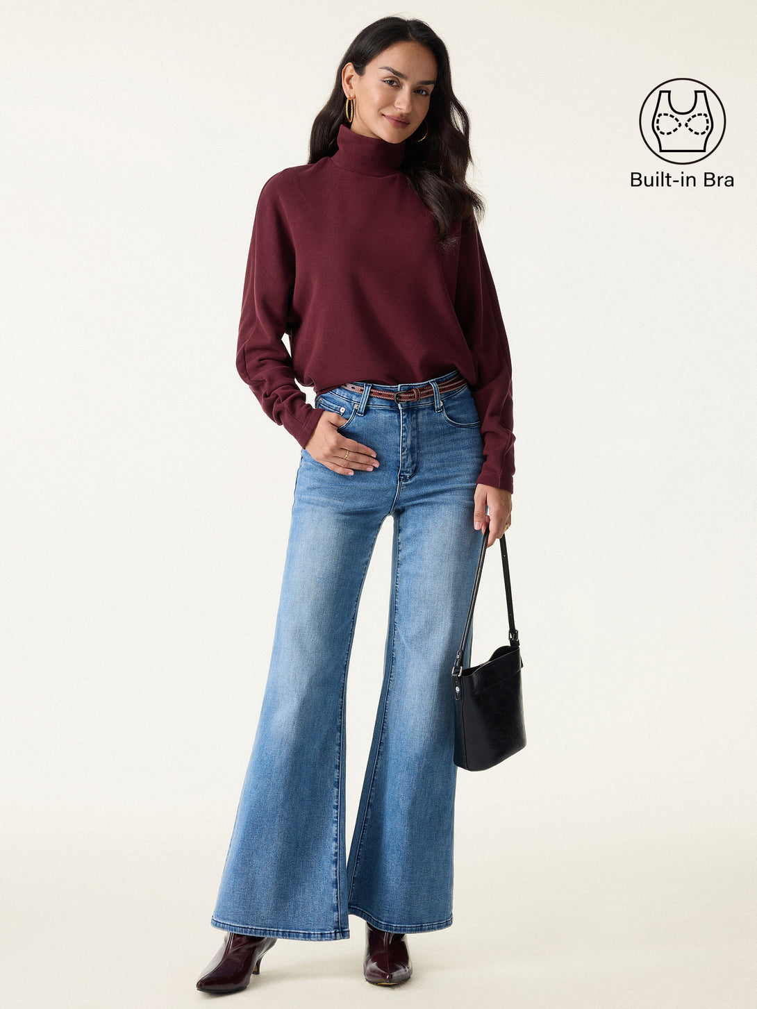 2Pcs Set Mockneck Batwing Sleeve Brami & Midi Pull-on A-Line Skirt with Pockets