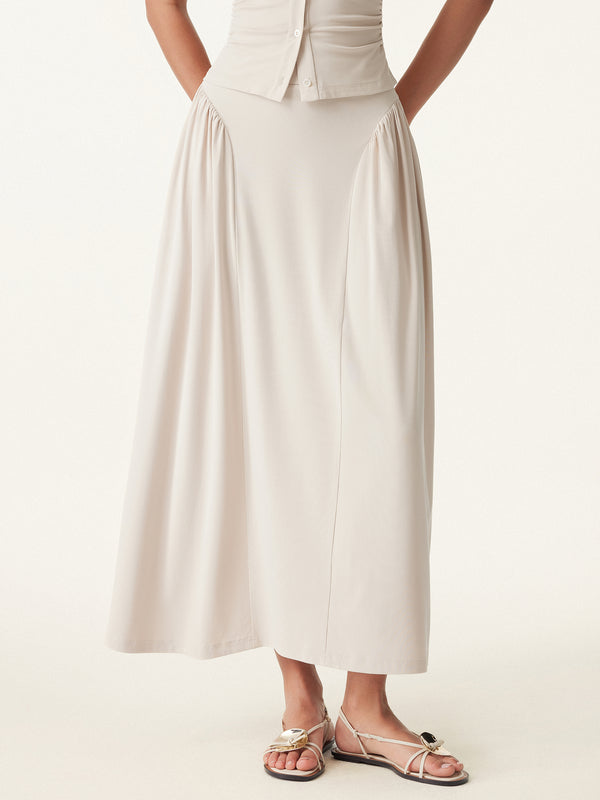 Curved Gathering Flared Midi Skirt with Pockets Fog XS