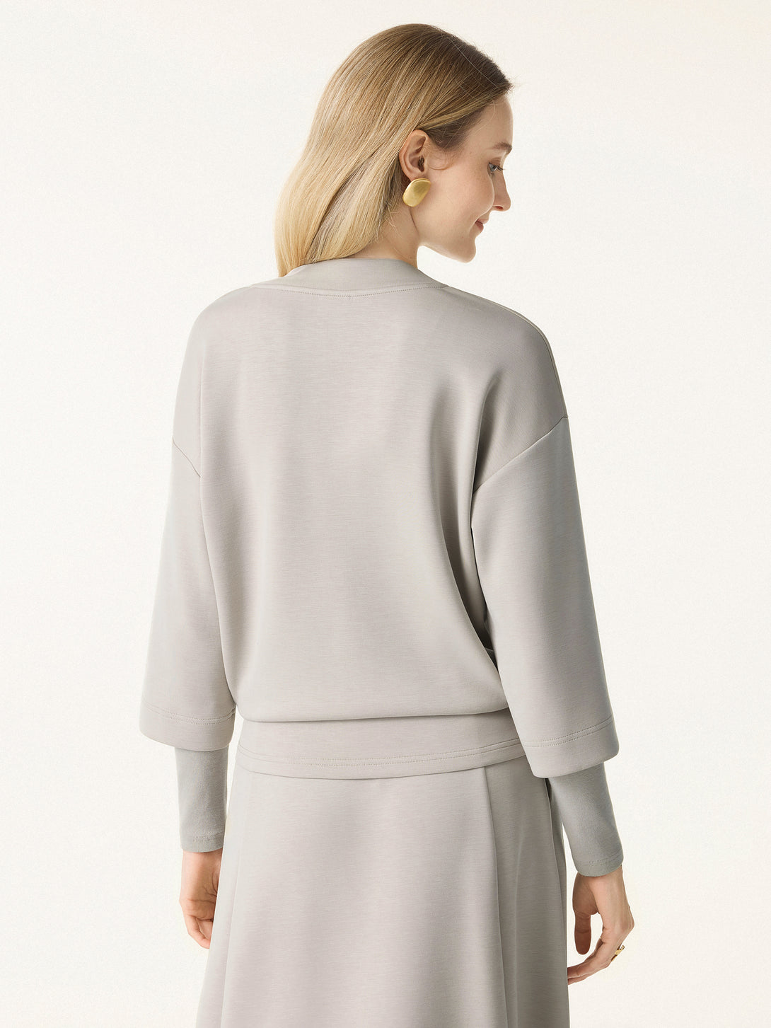 2Pcs Set V-neck Top with Sleeve Warmers & Mid Rise Flared Midi Skirt with Pockets