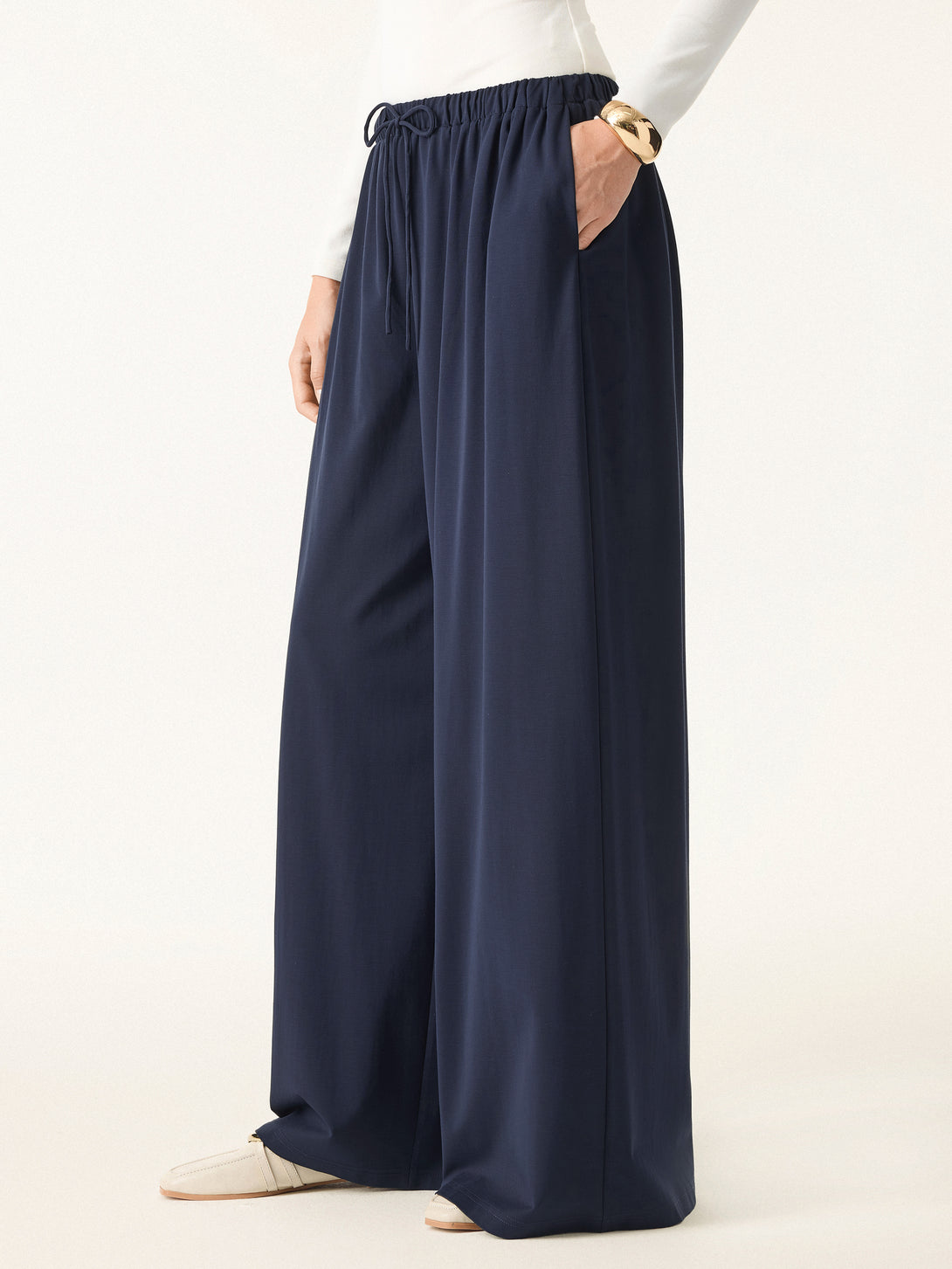 Stretch Ponte Mid Rise Palazzo Pants with Pockets Regular Black Navy