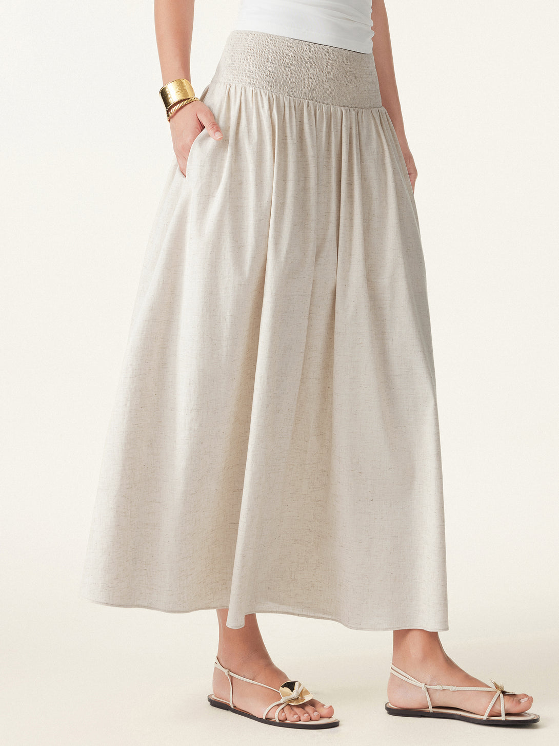 European Linen Smocked Waist Skirt with Pockets