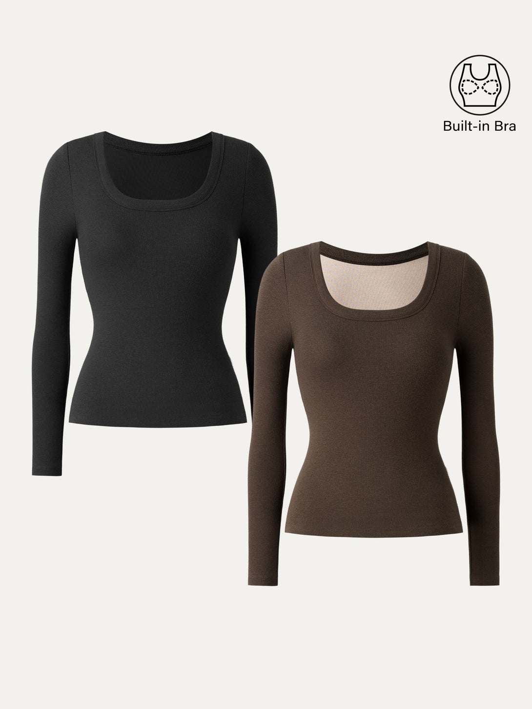 Essential Round Neck Ribbed Long Sleeve Brami Black/Cedar Brown XS