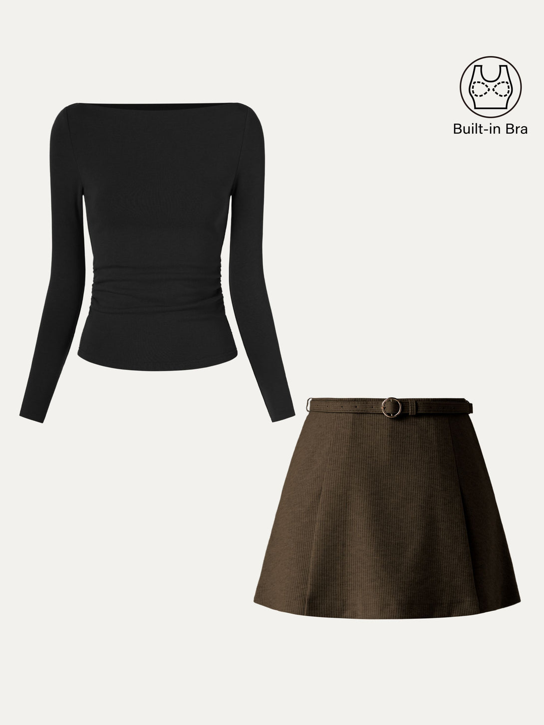 2Pcs Set Side Ruched Boatneck Brami Top & Belted Mini Skirt With Shorts