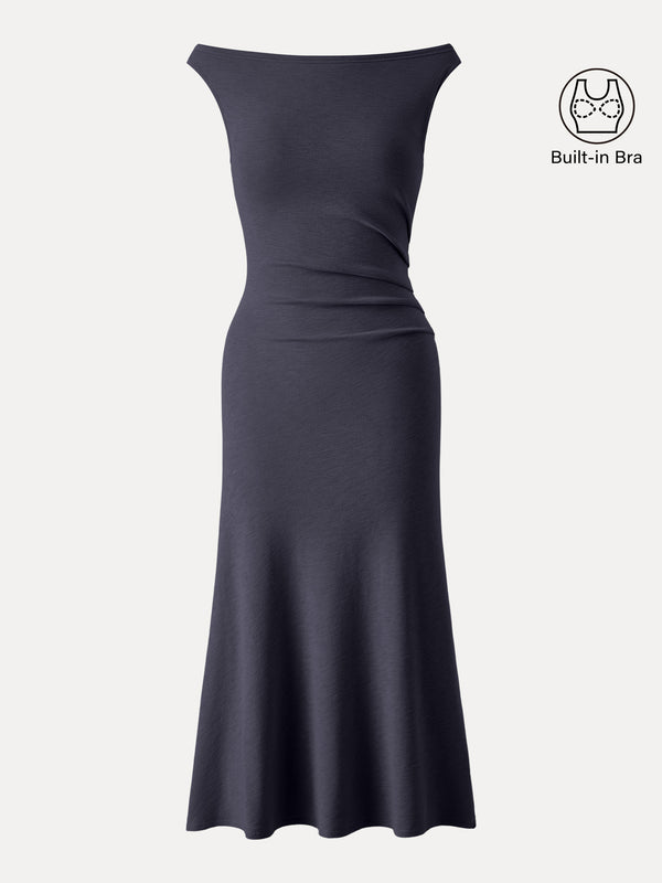 OGLmove Elegant Boatneck Tucked Fit-and-Flare Midi Bra Dress
