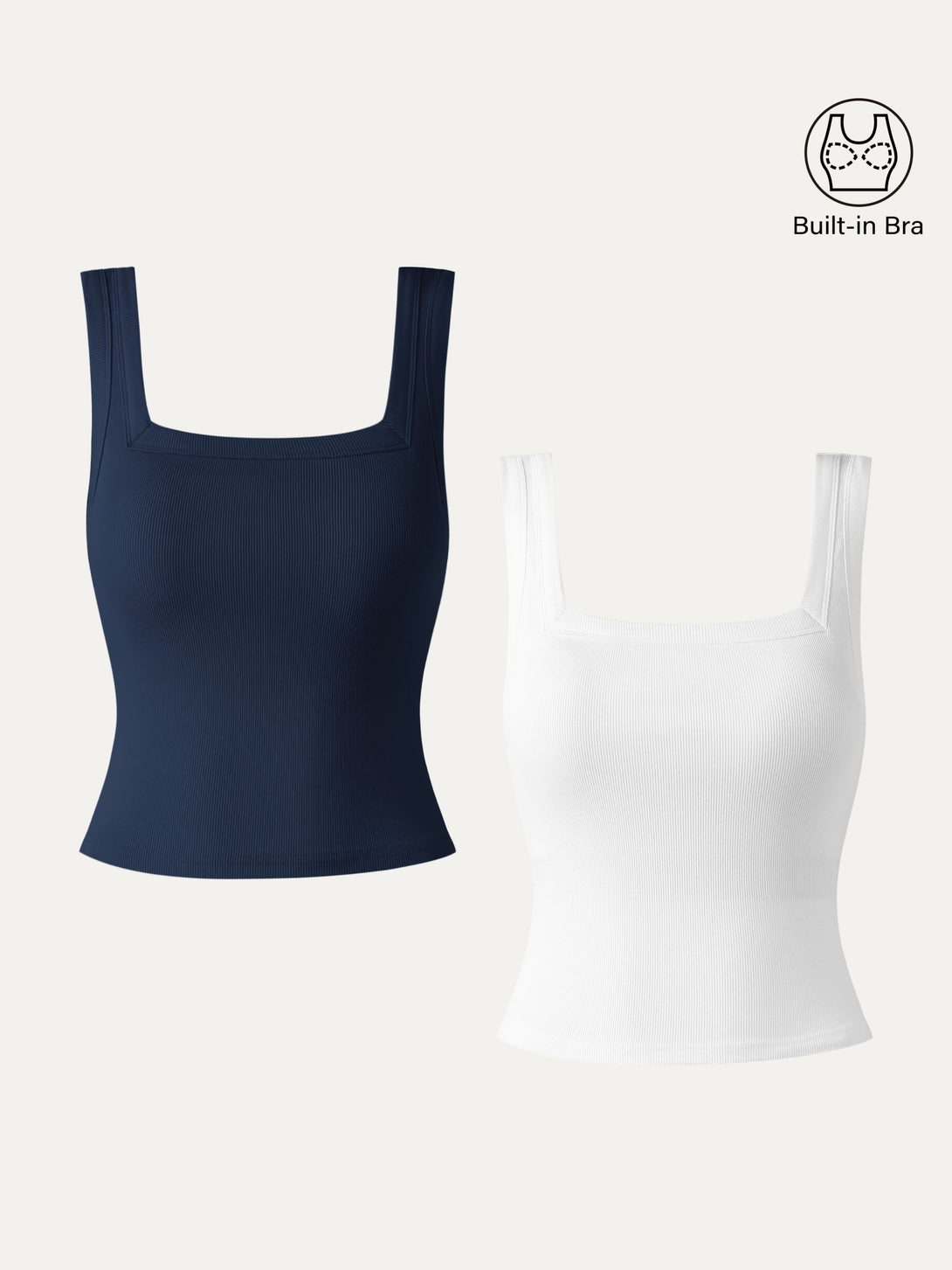 2Pcs Set Cropped Slinky Square Open-Back Brami Tank Top White/Navy XS