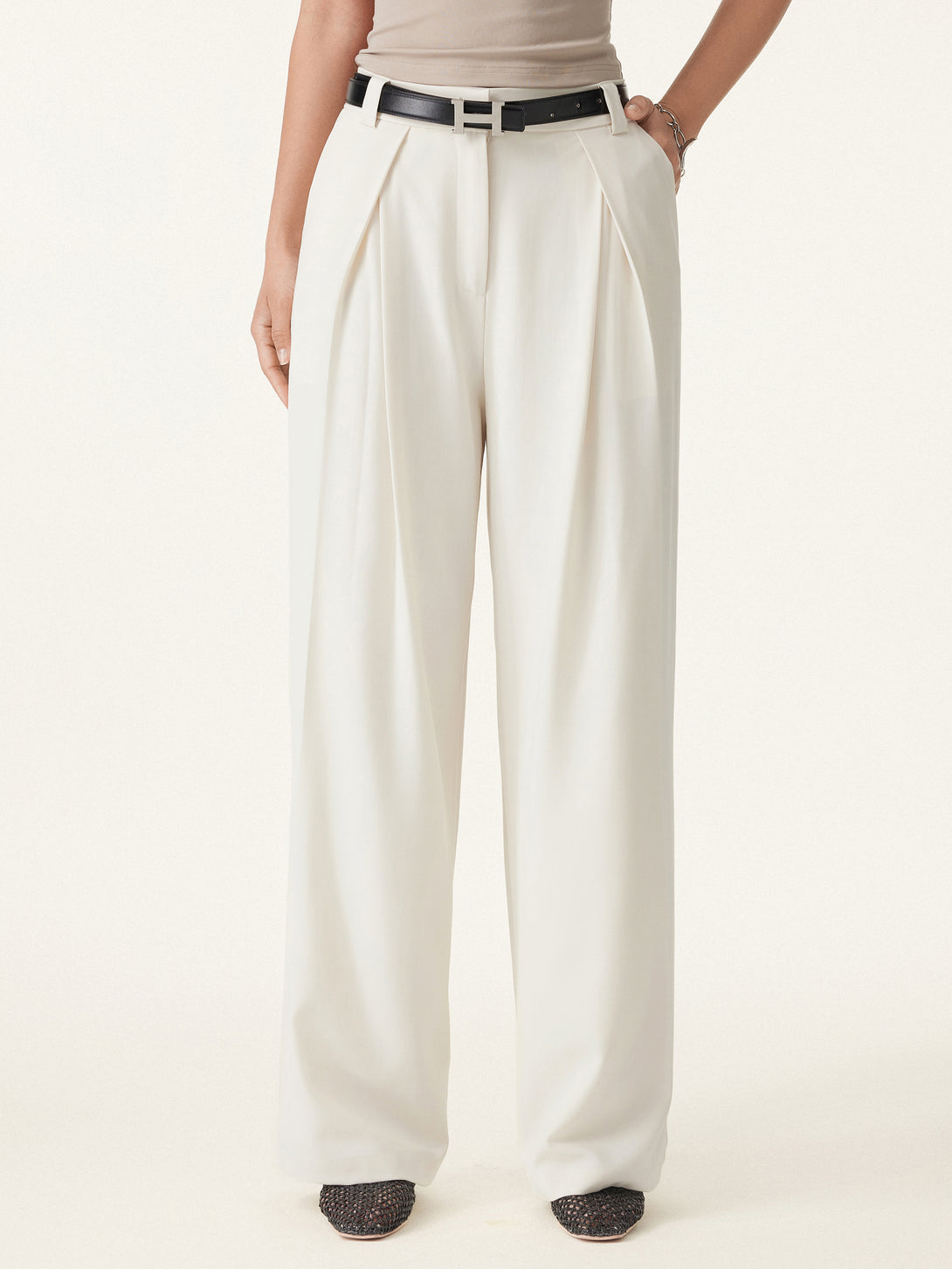 Tencel-Linen Pants Wrinkle-Free Tucked Wide Leg Trouser