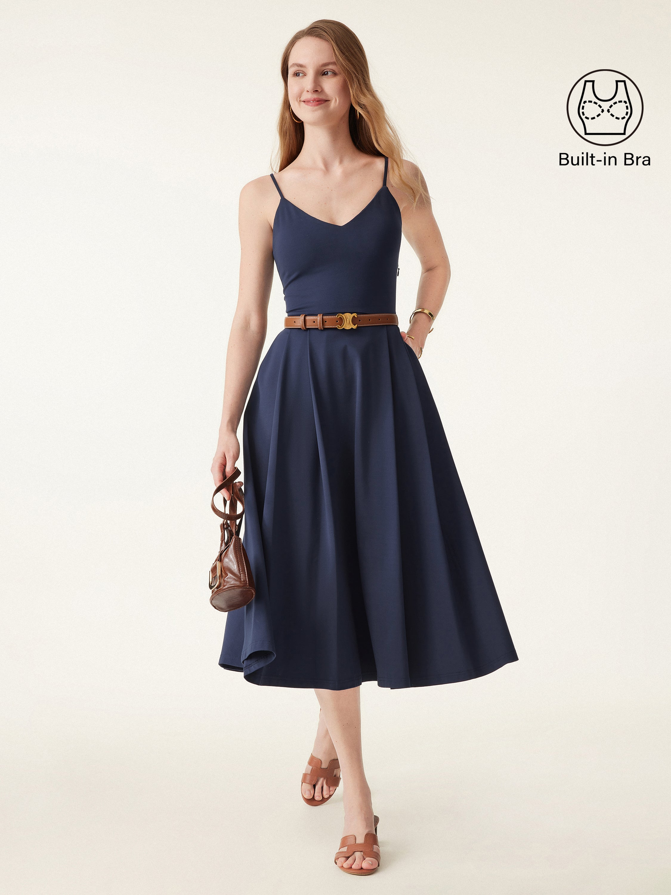 Bamboo Ponte V neck Fit flare Midi Bra Sundress Pockets