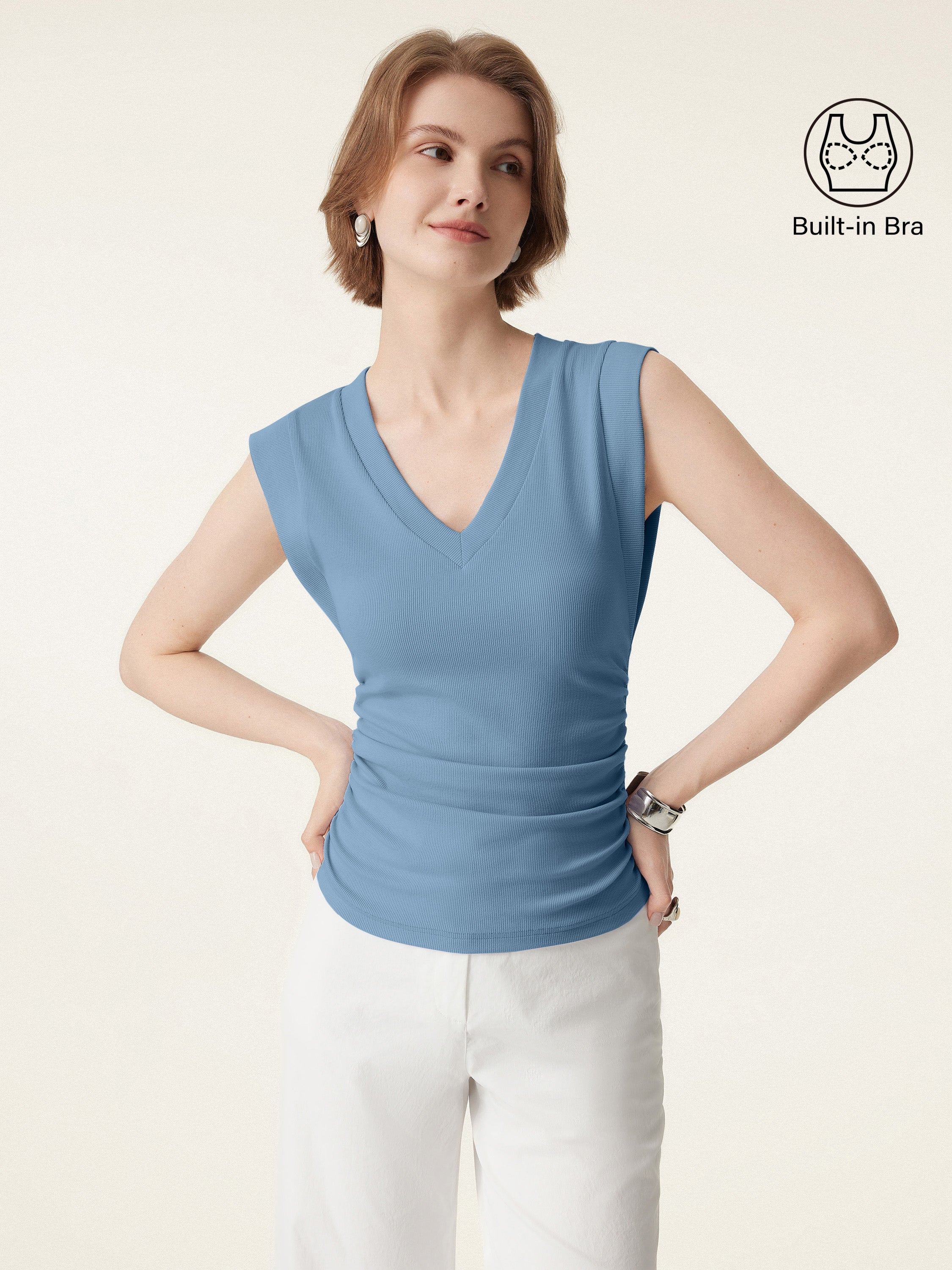 Stretch Cotton V neck Side Ruched Muscle Bra Top