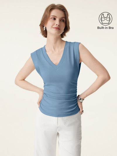 Stretch Cotton V-neck Side Ruched Muscle Brami Top Dusk Blue XS