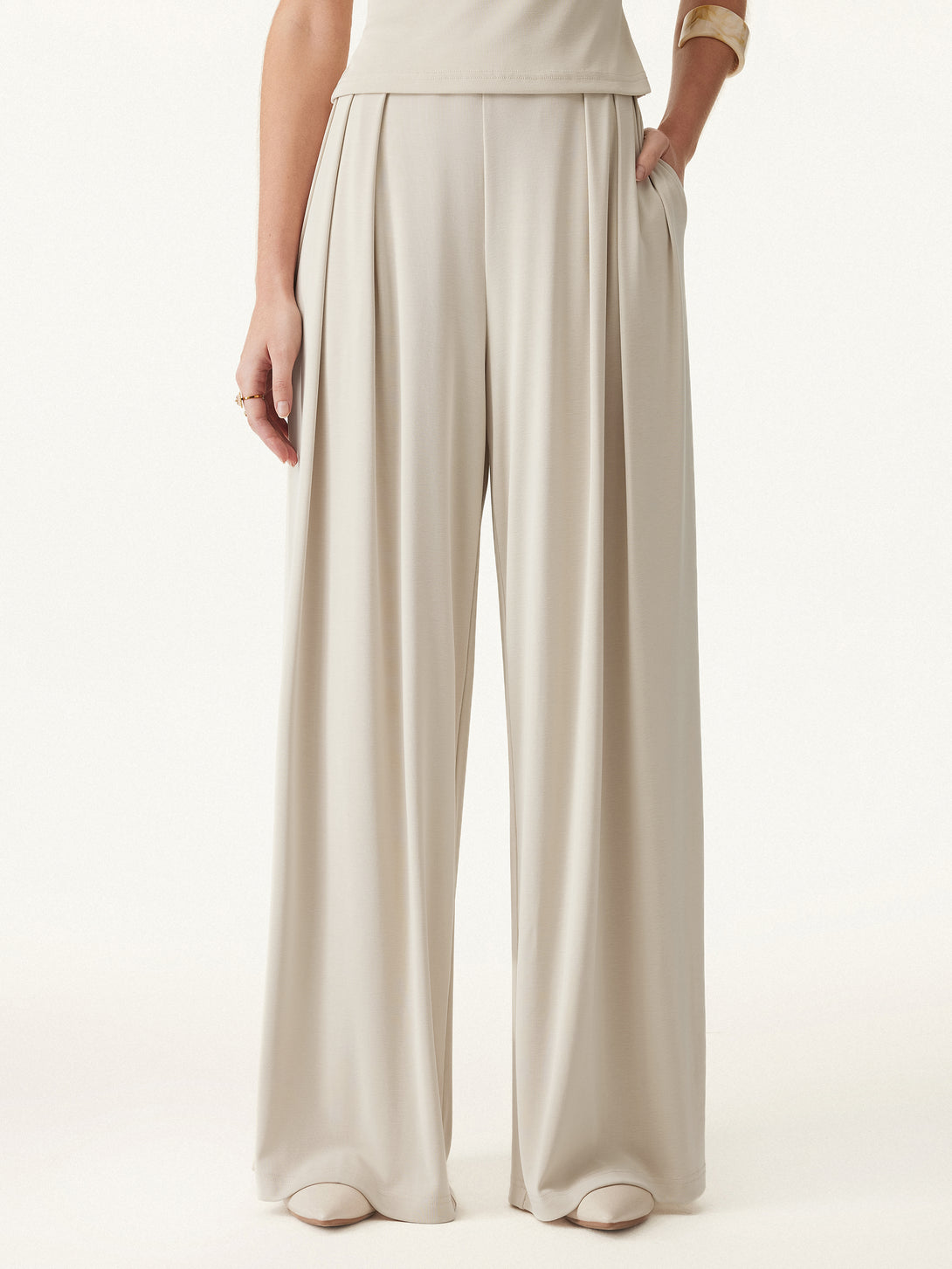 Sandwashed Mid Rise Pleated Wide Leg Palazzo Pants with Pockets Morning Mist XS