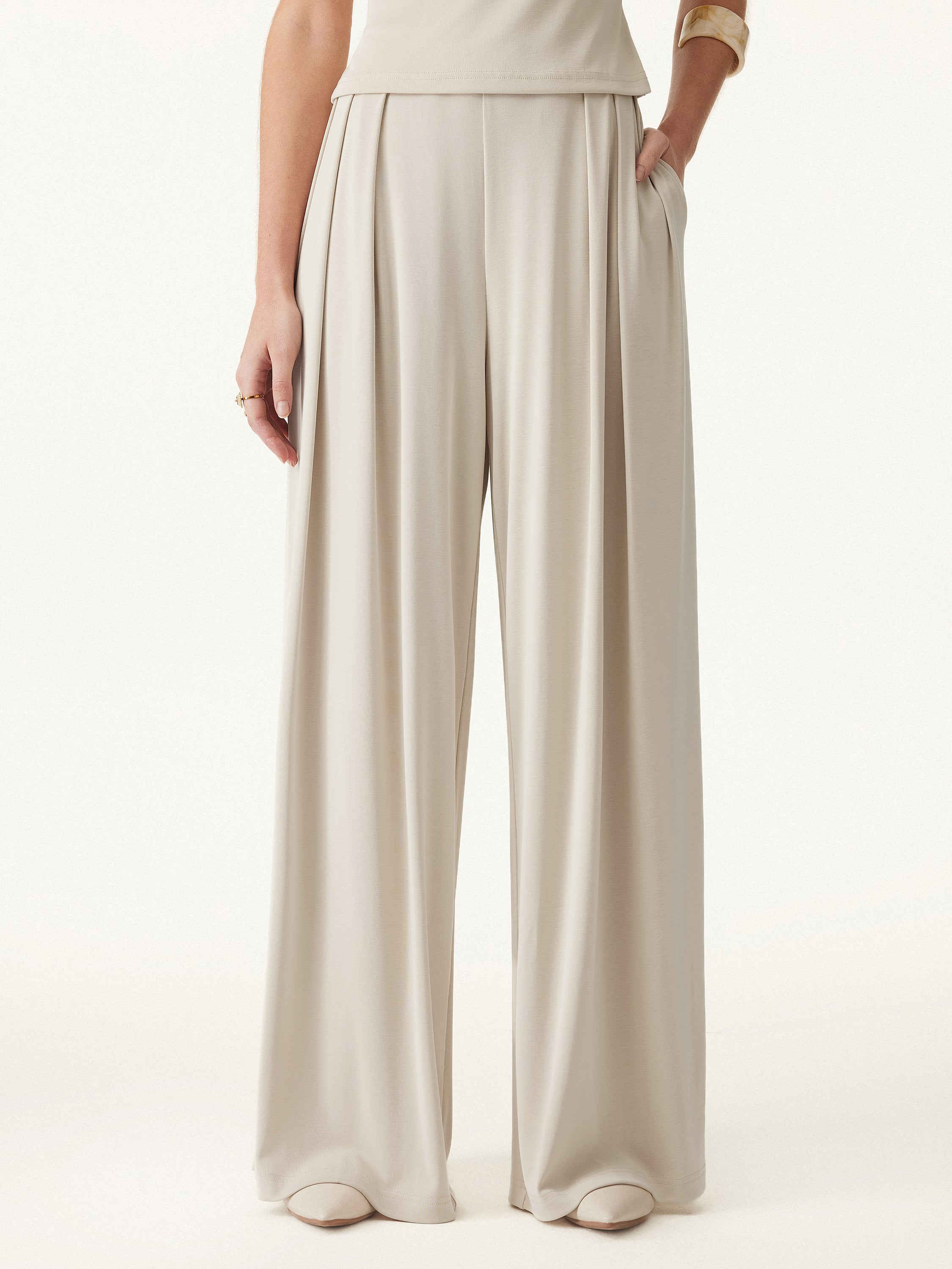 Sandwashed Mid Rise Pleated Wide Leg Palazzo Pant Pockets