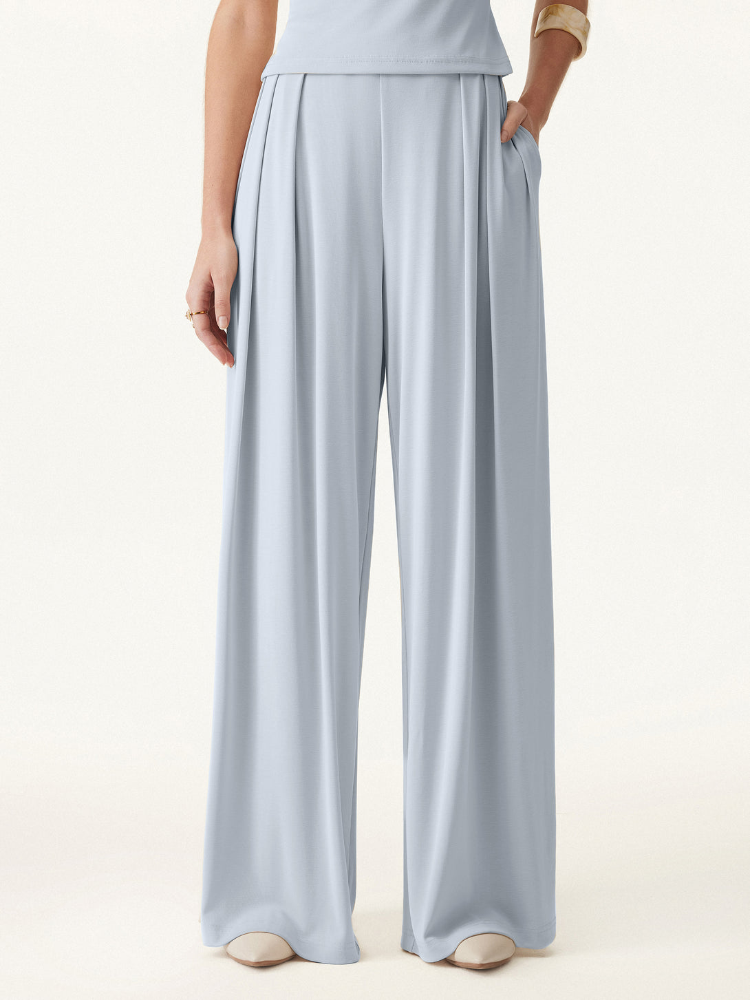 Sandwashed Mid Rise Pleated Wide Leg Palazzo Pants with Pockets Smoke Blue XS