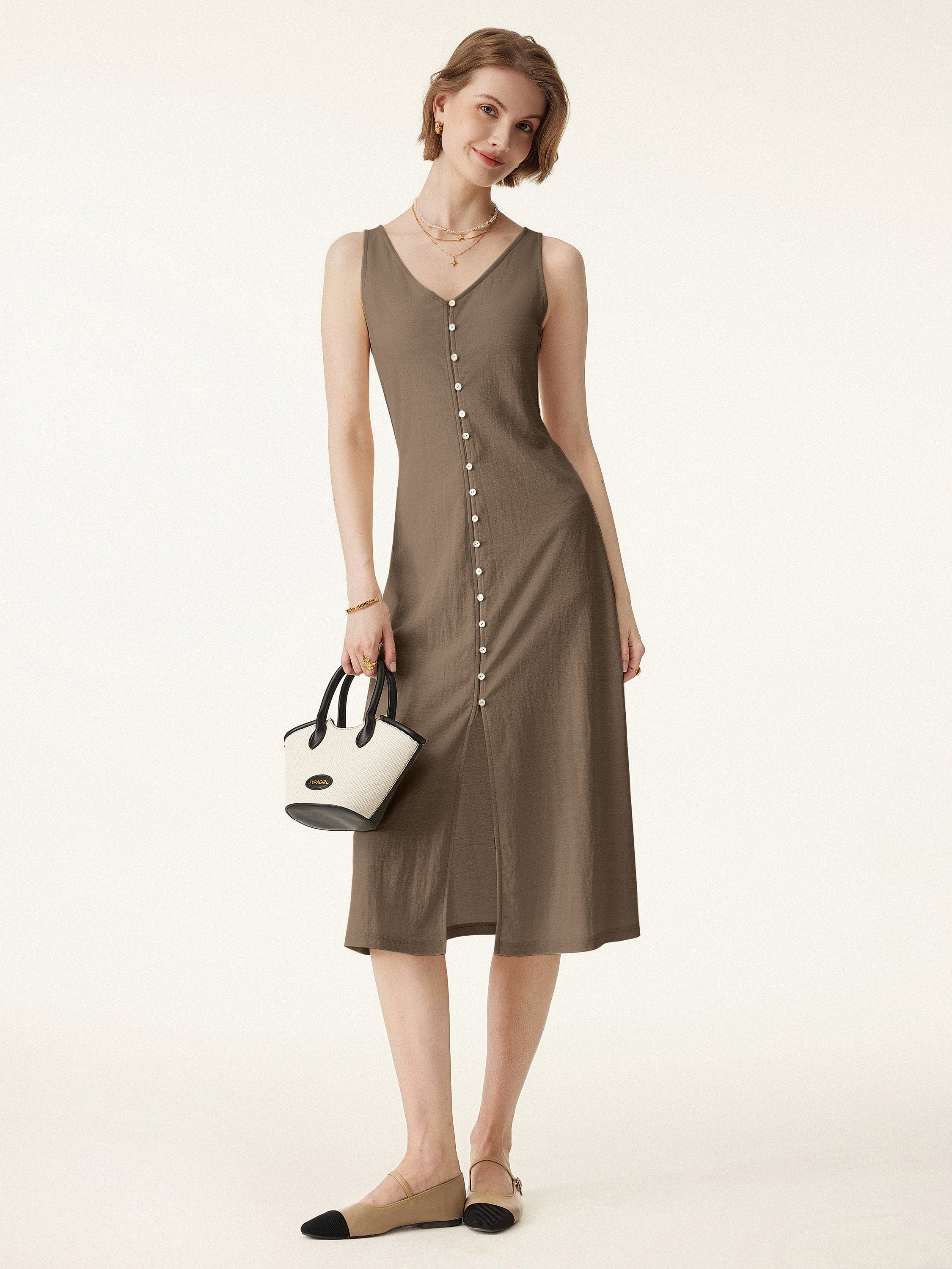 wear V neck Button Front Midi Vest Dress