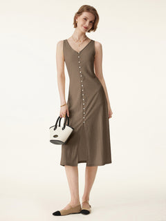 OGLmove 2Pcs Set V-neck Button Front Midi Vest Dress & Mid Rise Straight Leg Pant