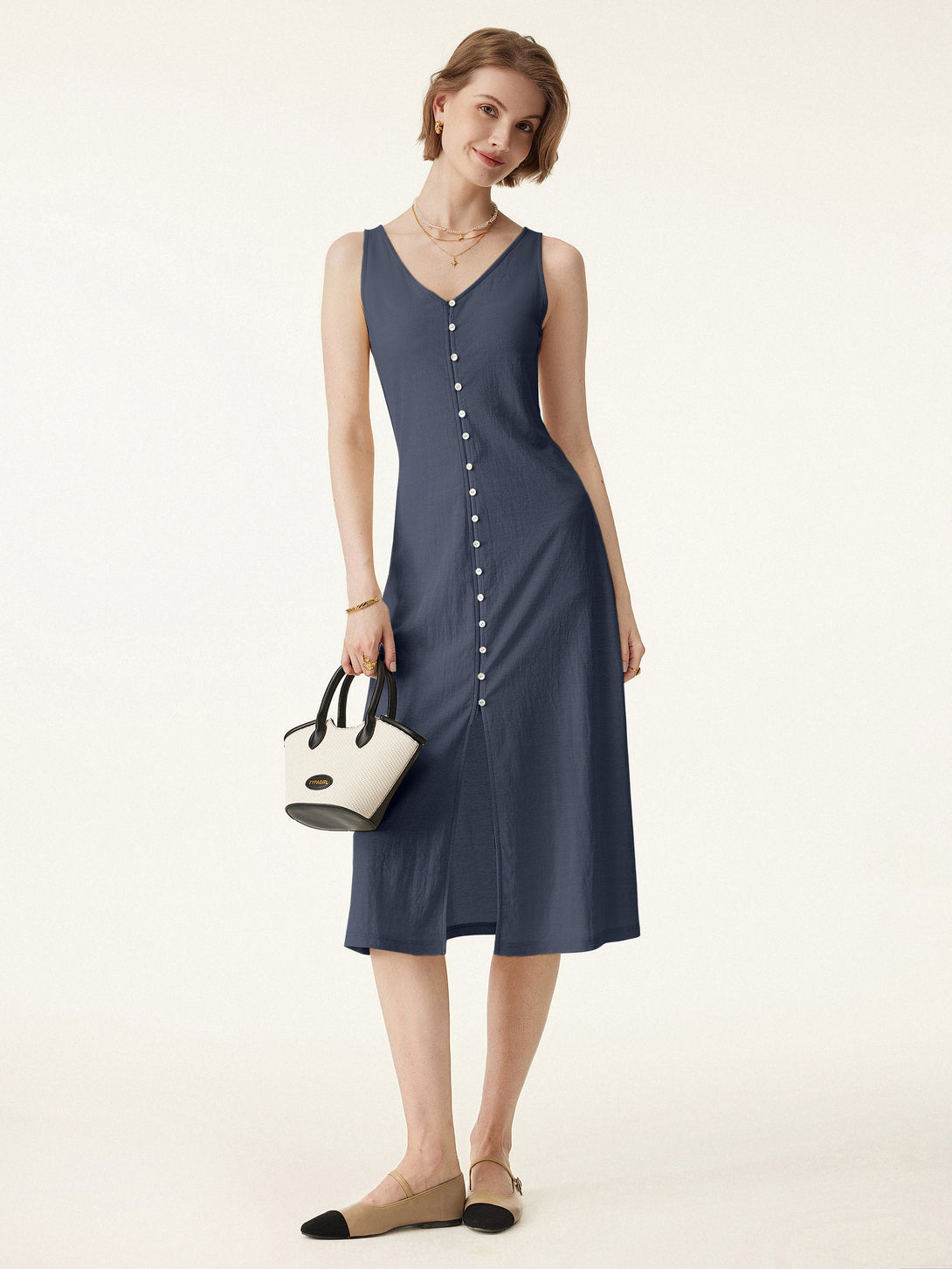 Multi-wear V-neck Button Front Midi Vest Dress Smoky Navy XS
