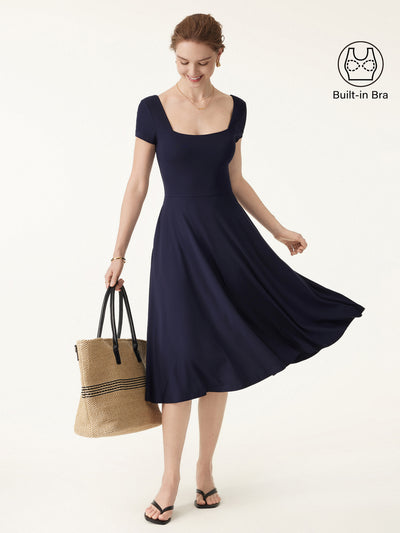 Flowy Square Neck Short Sleeve Midi Bra Dress Midnight Navy XS