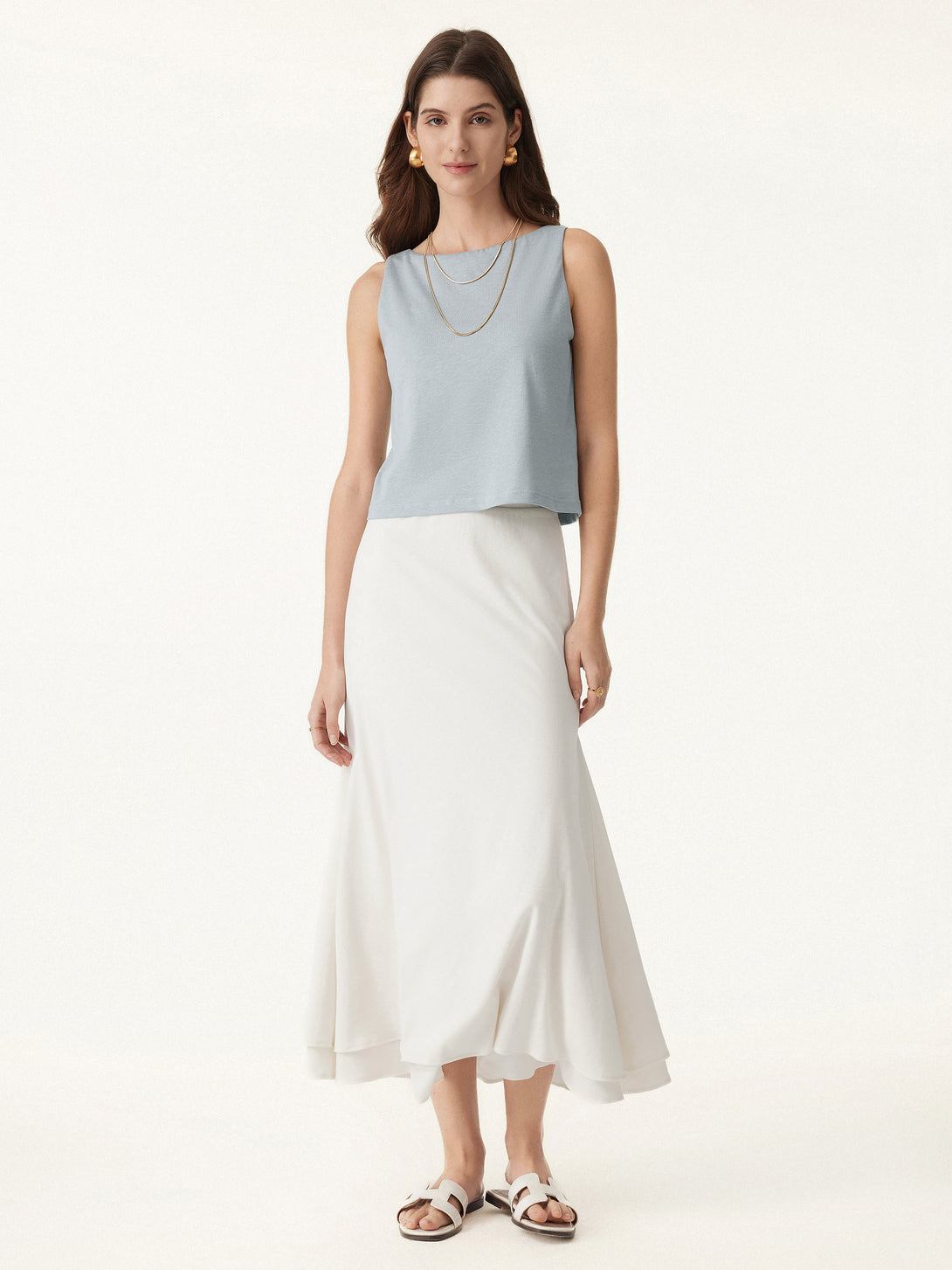 Flowy Cotton-linen Midi Flared Skirt