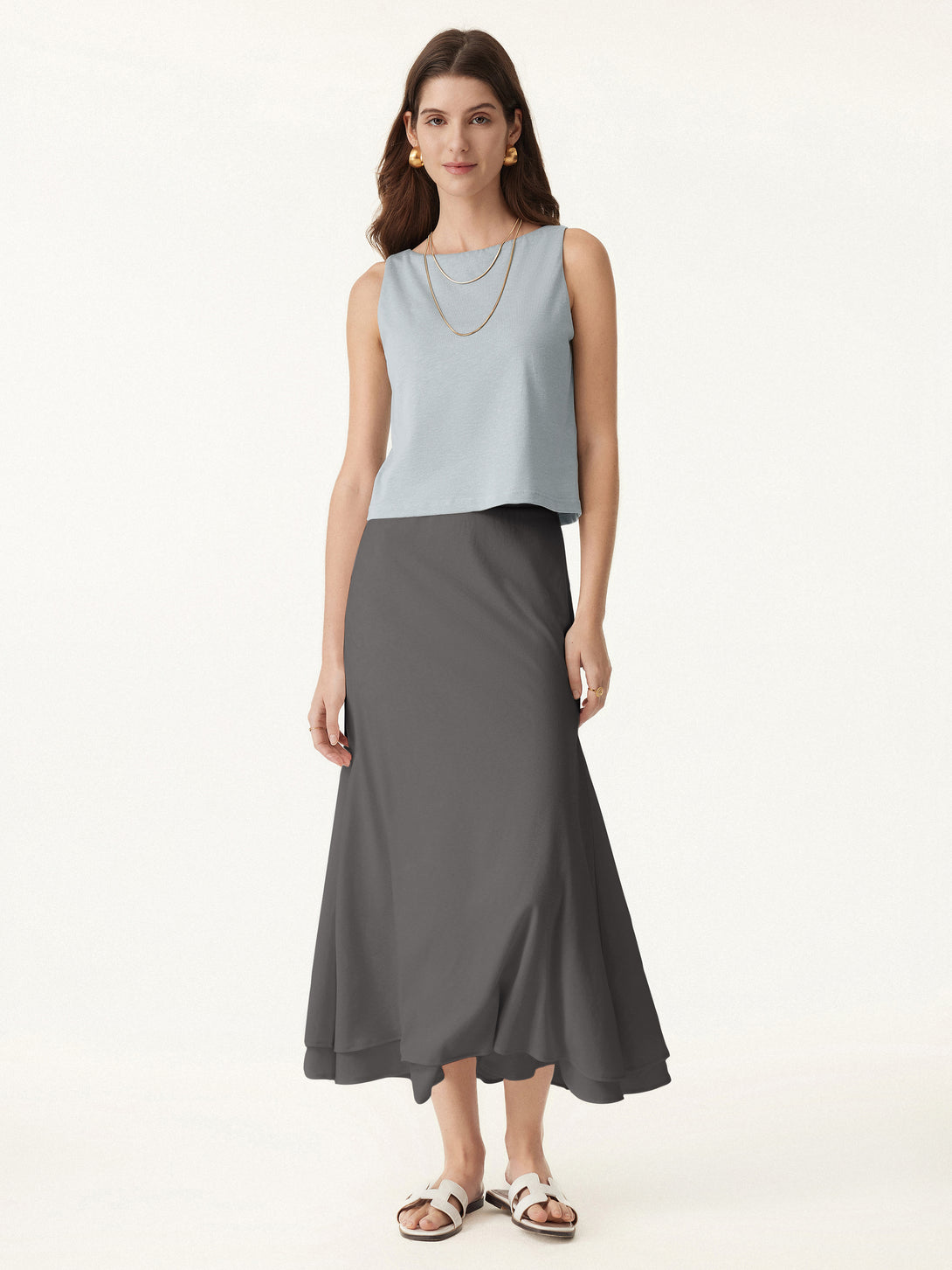 Flowy Cotton-linen Midi Flared Skirt