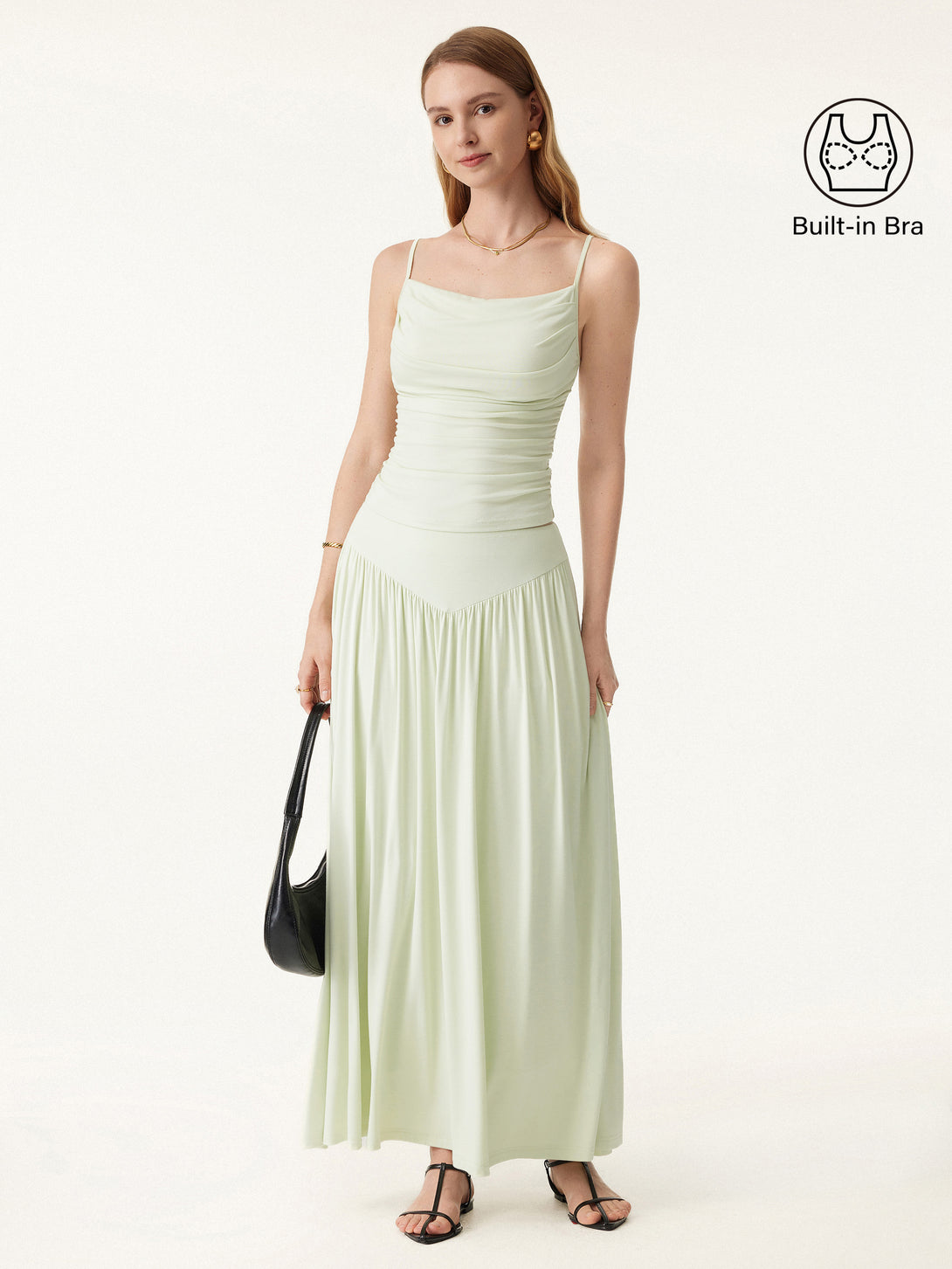 2Pcs Set Adjustable Spaghetti Straps Brami & V-shape Maxi Skirt with Pockets