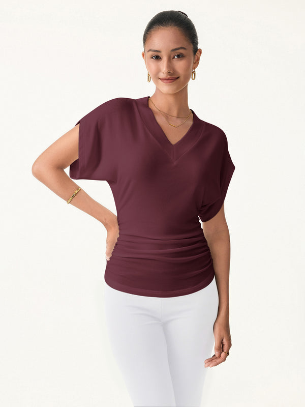 OGLmove Semi-sheer Lyocell Cashmere Blend V-neck Short Sleeve Side Ruched Tee Wine XS