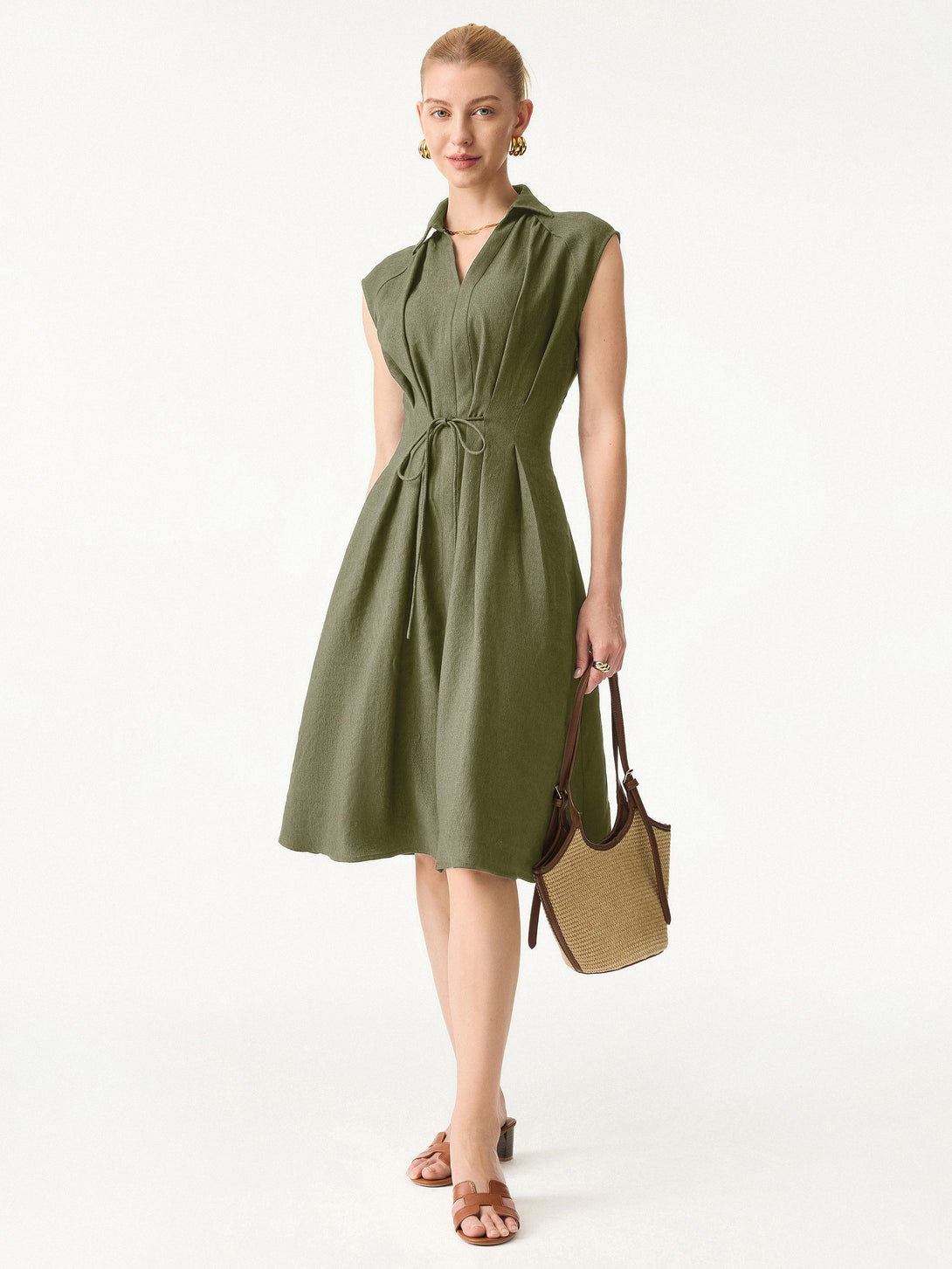 Viscose-Linen Collared V-neck Midi Dress with Drawstring Antique Gold XS