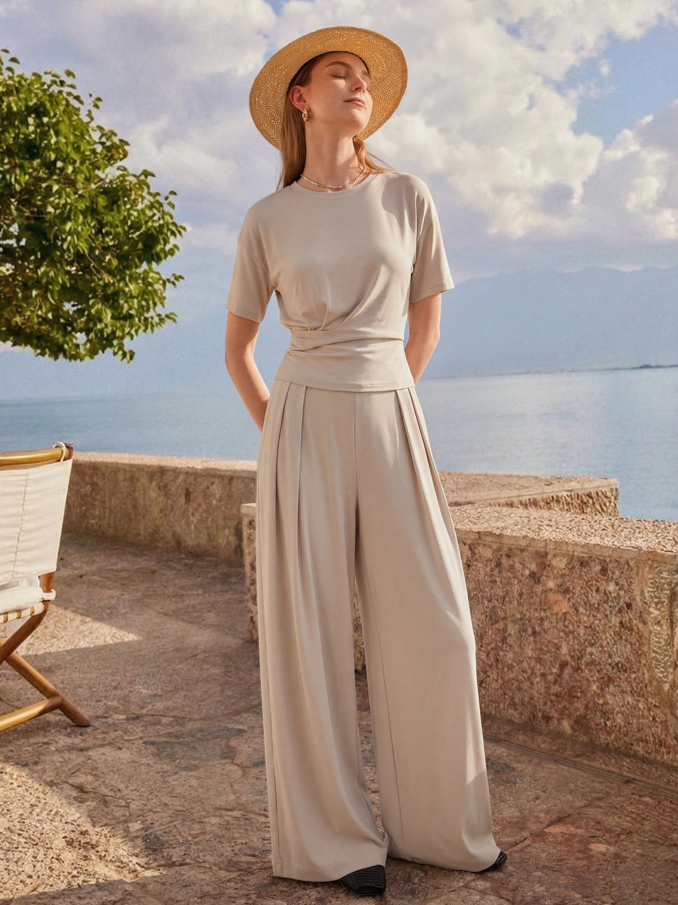 2Pcs Set Crewneck Short Sleeve Tee & Mid Rise Pleated Wide Leg Pant Pockets