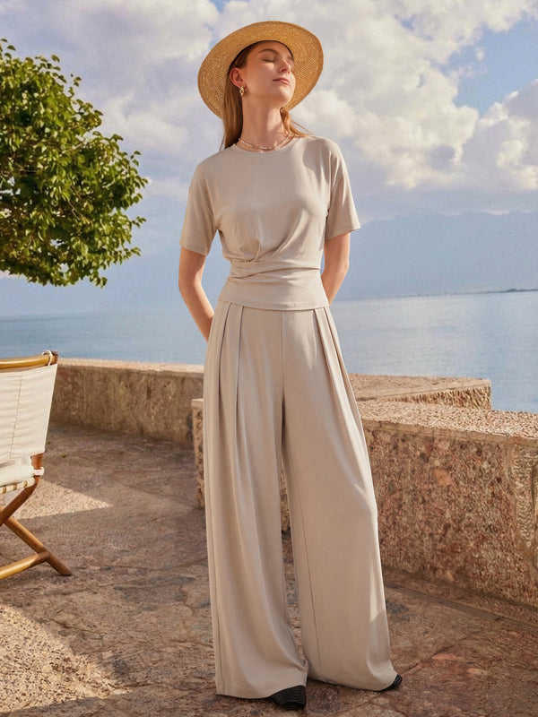 OGLmove 2Pcs Set Crewneck Short Sleeve Tee & Mid Rise Pleated Wide Leg Pants with Pockets Morning Mist XS