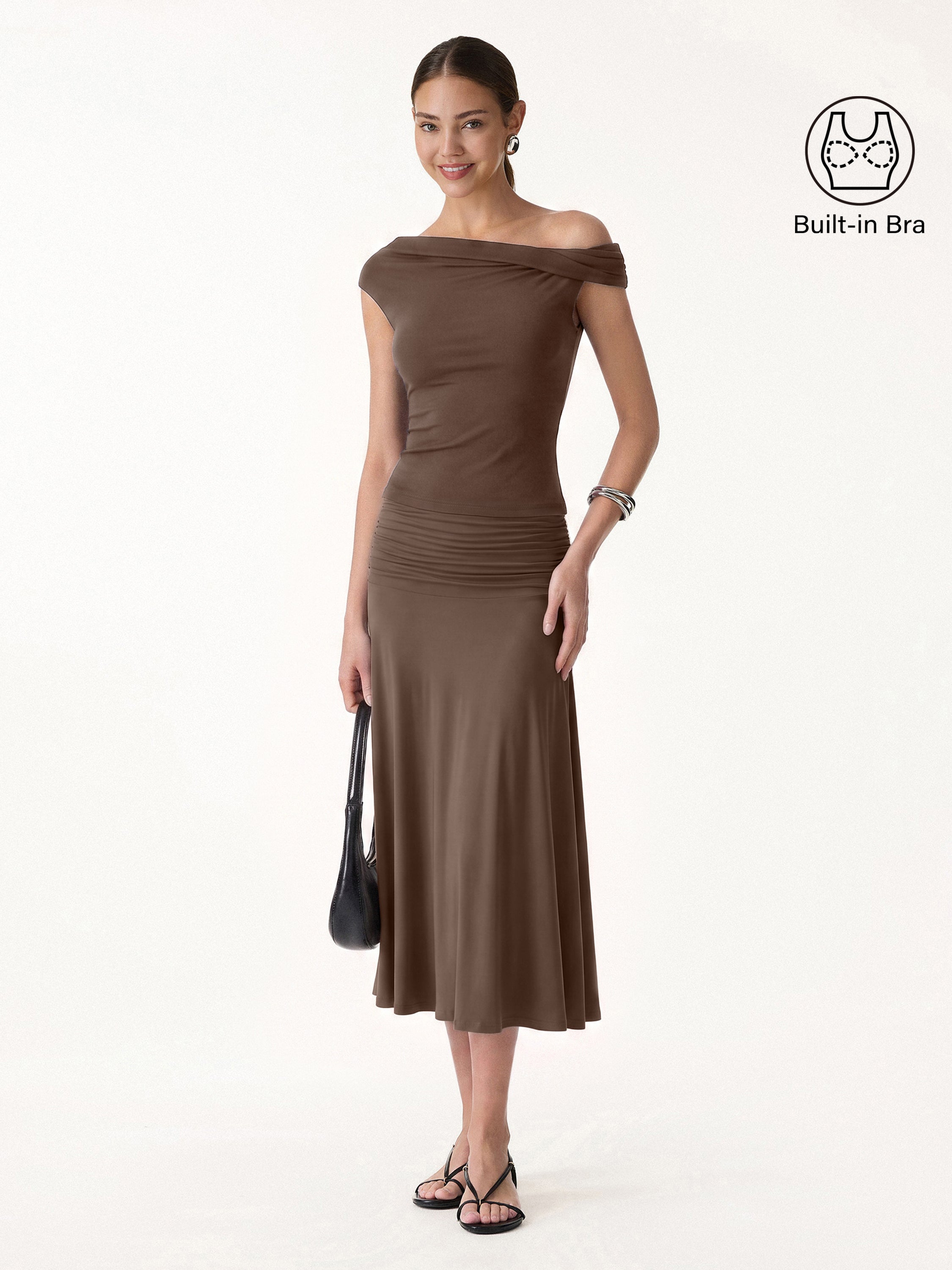 2Pcs Set Multi-wear Bra Top & Side Ruched A-line Midi Skirt