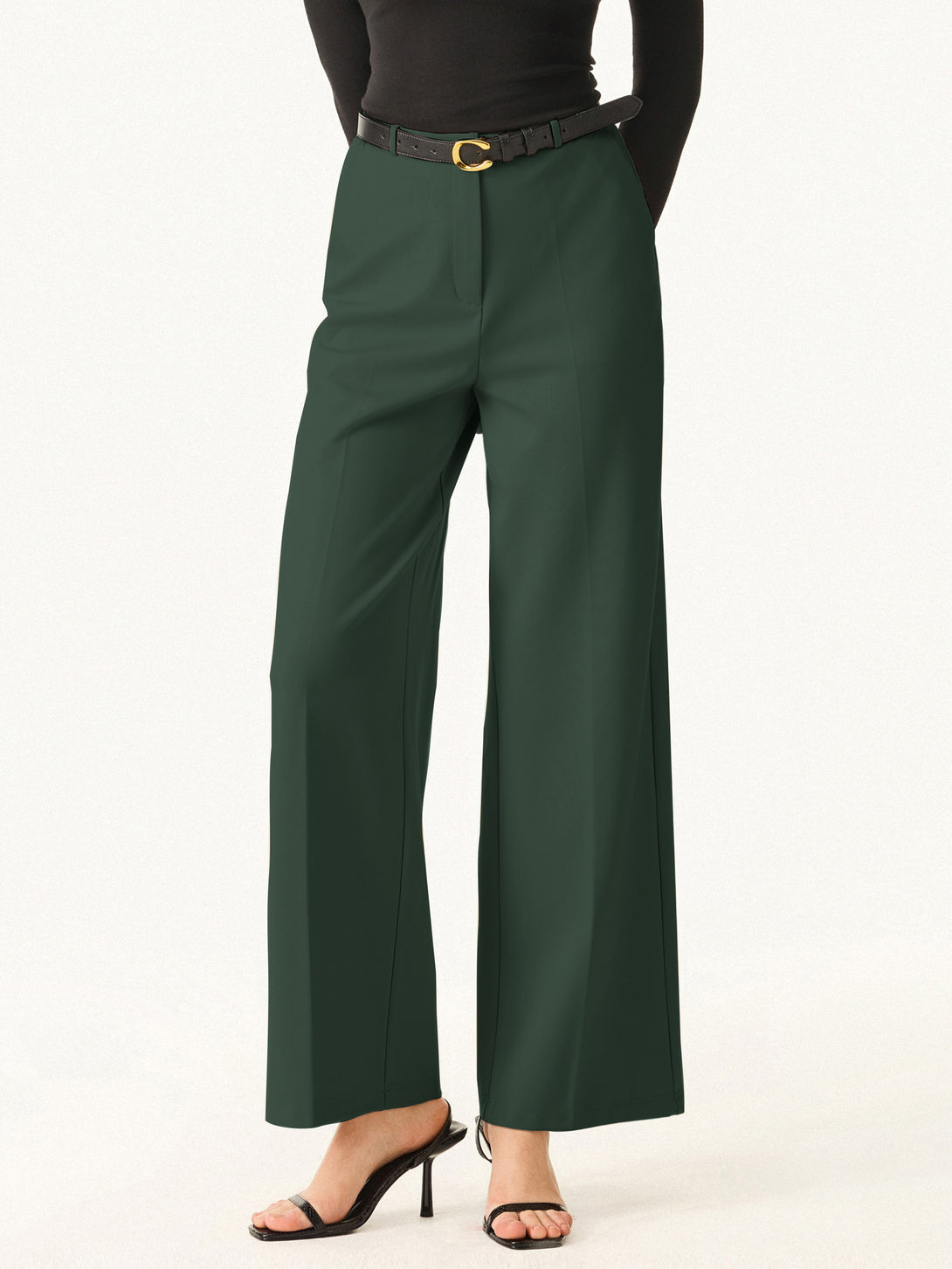 Wrinkle-Resistant High Rise Wide Leg Fly-Front Trousers with Pockets Jungle Leaf XS