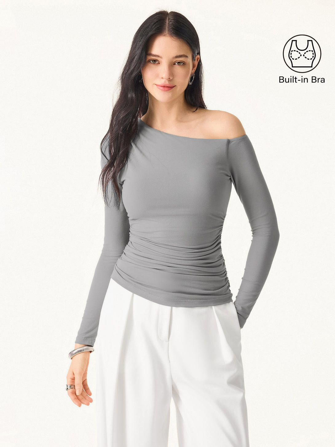 Asymmetrical Shoulders Long Sleeve Gathered Brami Top Evening Grey L