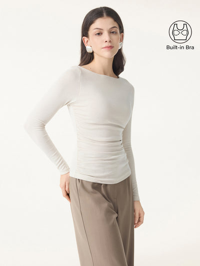 OGLmove Light Warm Boatneck Ruched Brami Top Cloud White XXS