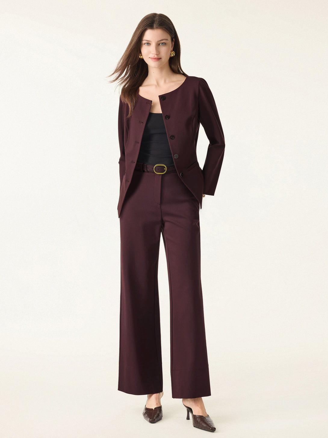 2Pcs Set Boatneck Blazer & High Rise Wide Leg Trousers with Zippered Pockets Dark Berry XS