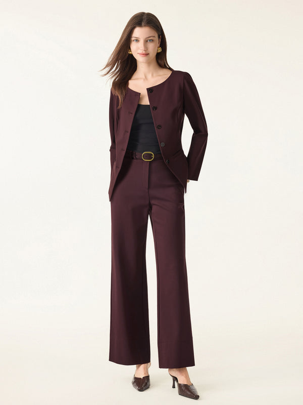 2Pcs Set Boatneck Blazer & High Rise Wide Leg Trousers with Zippered Pockets Dark Berry XS