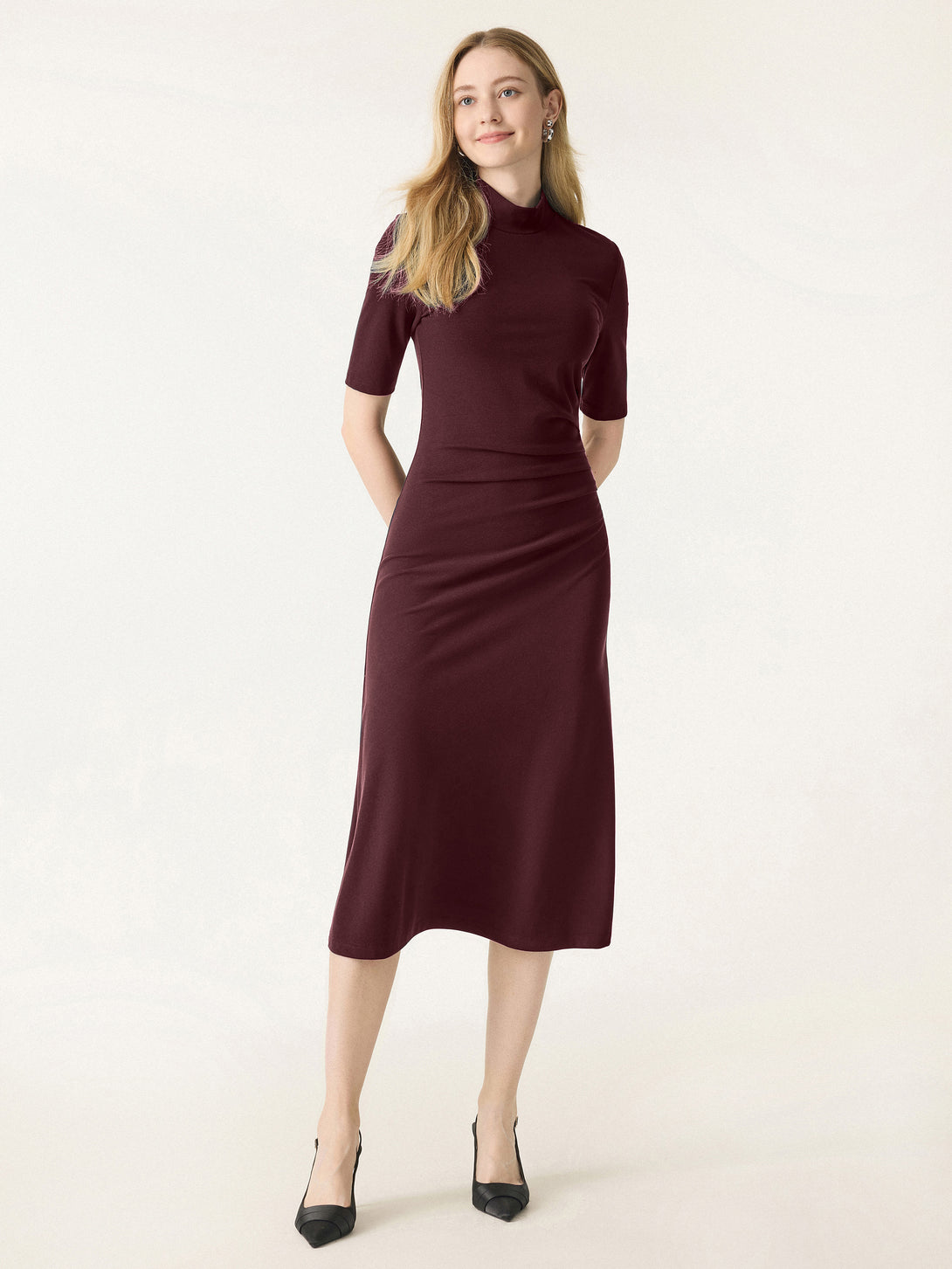 Mockneck Elbow Length Sleeve Tucked Midi Dress Regular Ruby Red
