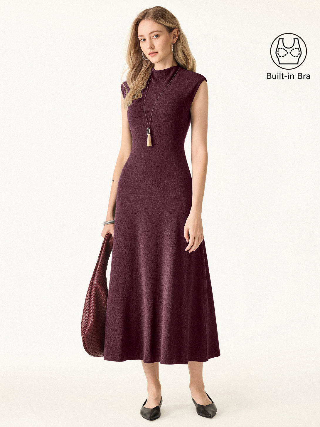 Light Warm Mockneck Wide Shoulder Midi Brami Dress Ruby Berry XS