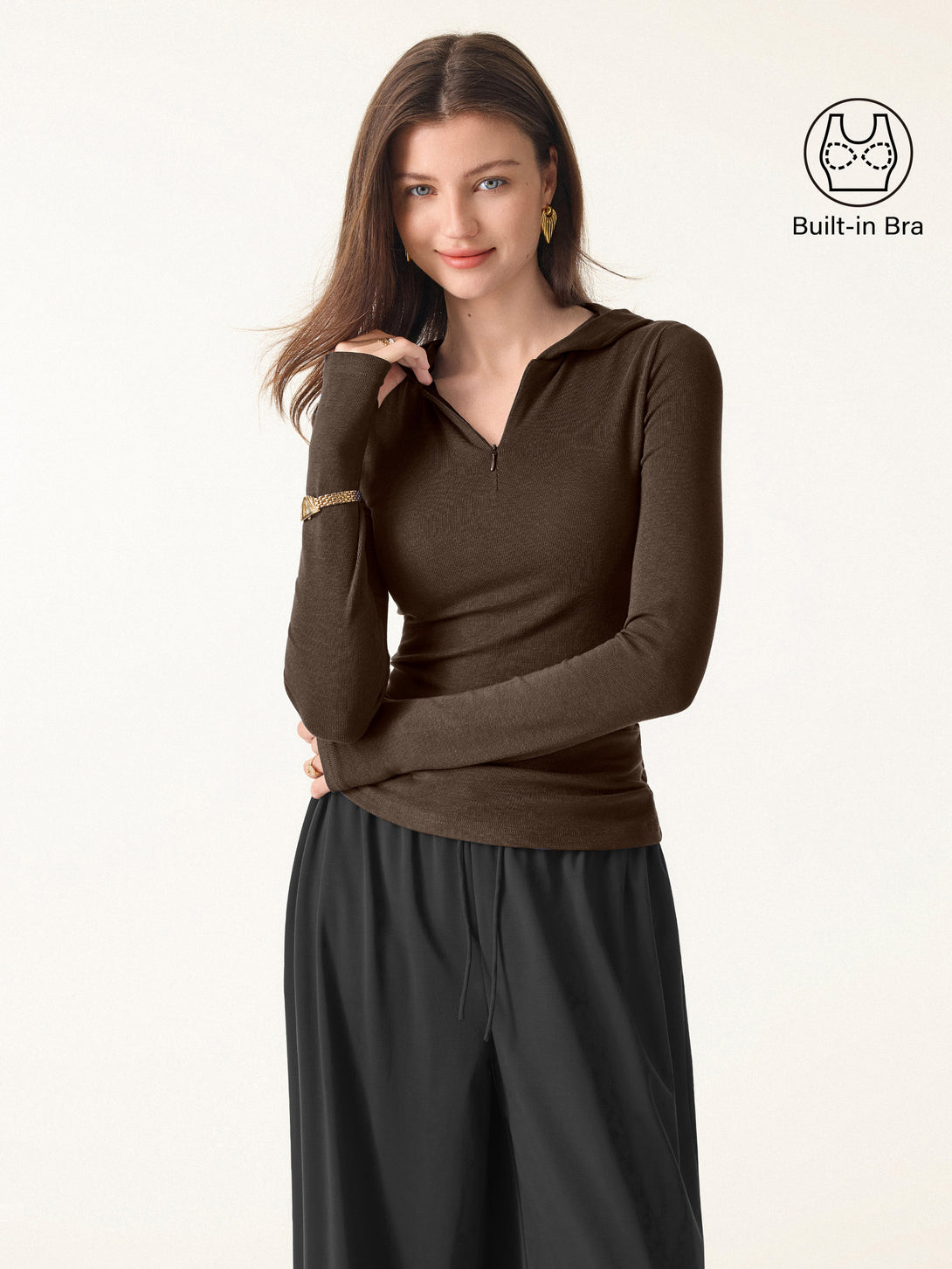 Slim Fitted Quarter Zip Pullover Hoodie Hazelnut Coco XS